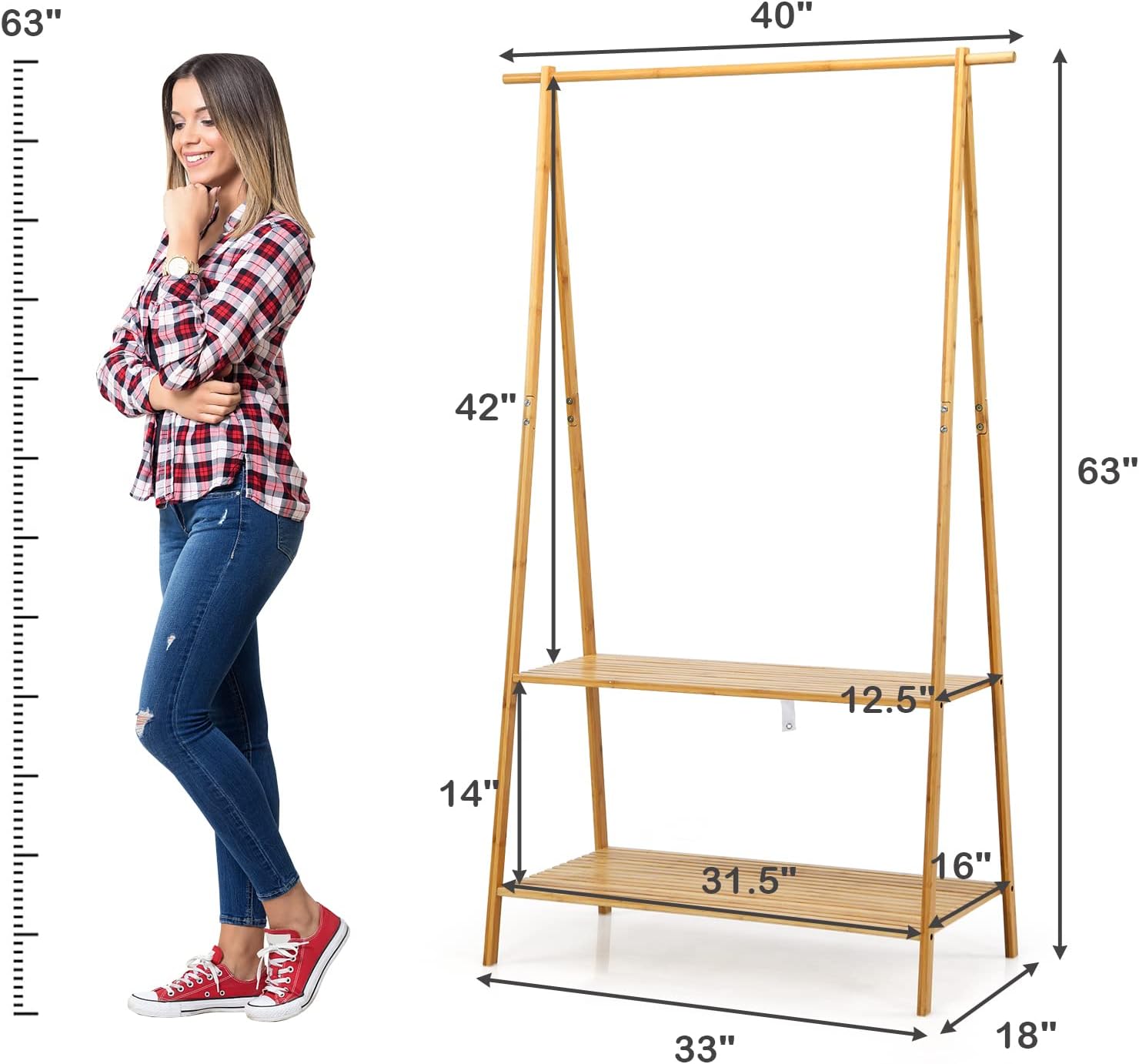 Penderie en Bambou,Porte-vêtements sur Pieds avec 2 Étagères,Tringle de Suspension,Dispositif Anti-basculement - 9