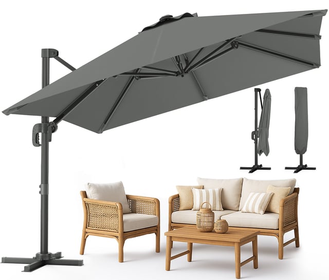 Parasol déporté carré premium 3x3M gris avec housse - 8 baleines - inclinable 6 positions - rotatif 360° - imperméable - VOUNOT®