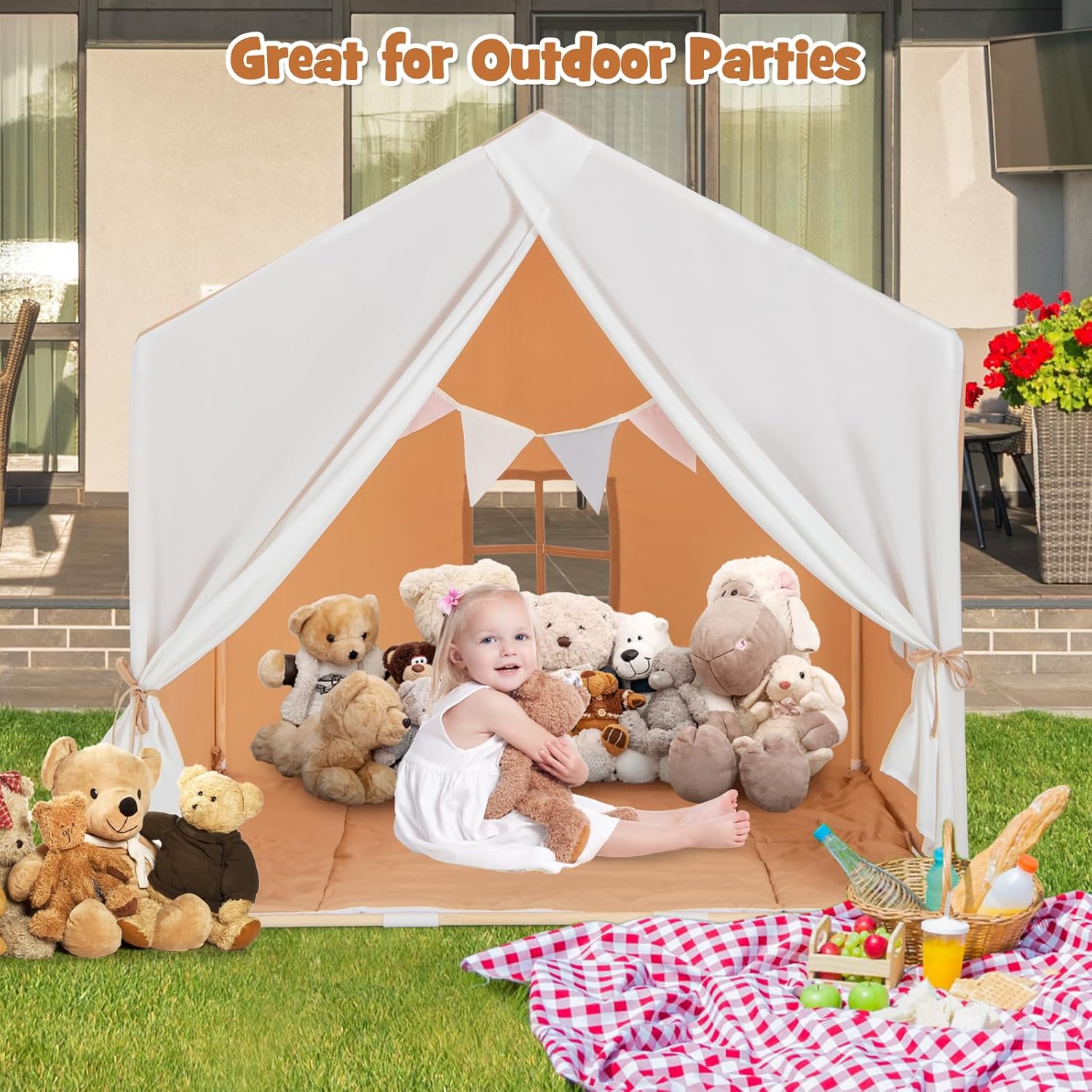 GOPLUS Tienda de Campaña Infantil para Interiores, Tipi de Juegos para Niños Pequeños con Alfombra Acolchada y Cortinas, Banderas Coloridas, Ventanas, Refugio Triangular para Niños de 3 Años