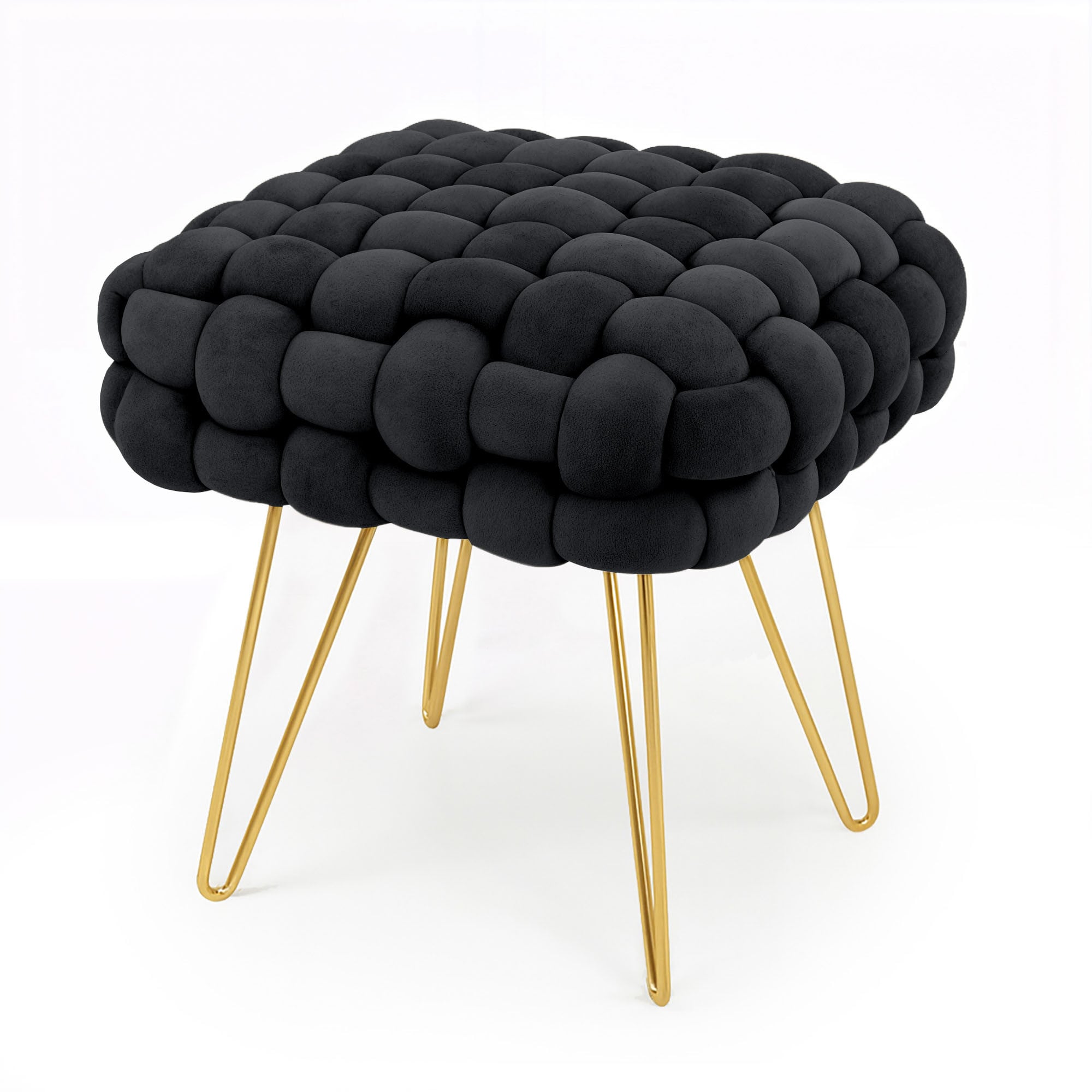 Pufa z plecioną tapicerką welurowa 38 cm DOTTY Czarna