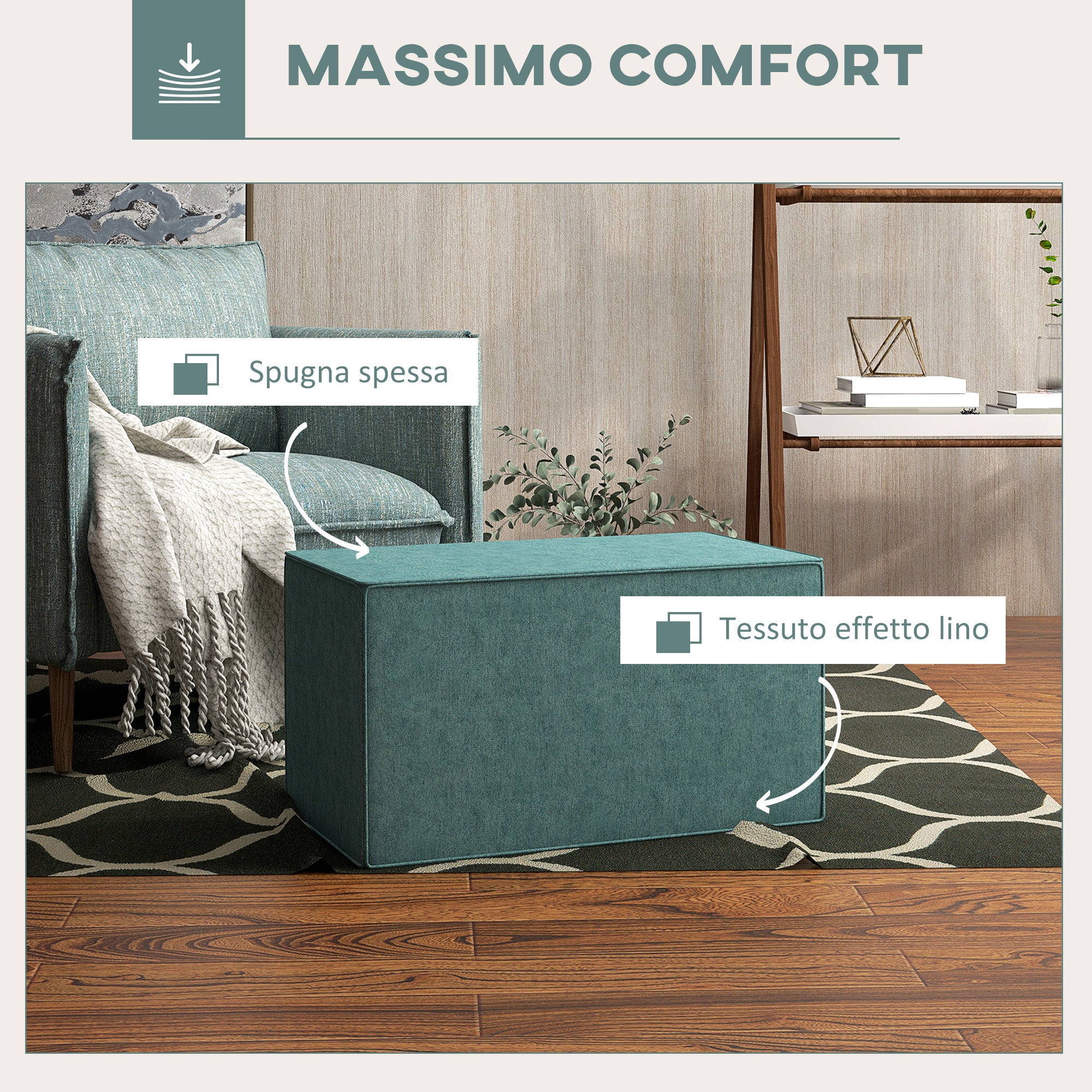 HOMCOM Poggiapiedi 2 in 1 con Rivestimento Rimovibile in Tessuto Effetto Lino, 75x41x41 cm, Verde - 5