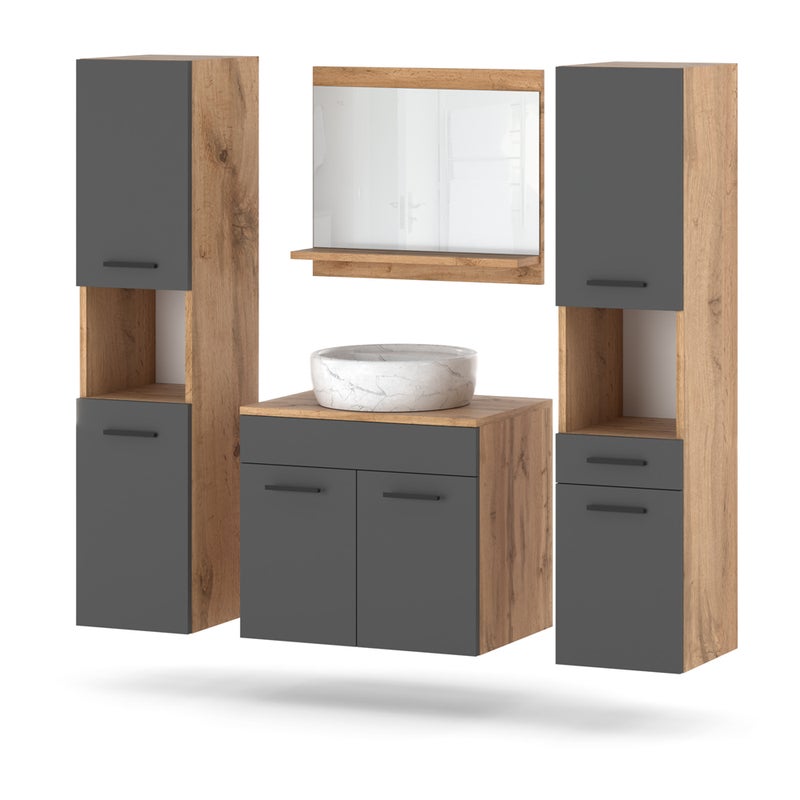Zestaw mebli łazienkowych wiszących z lustrem słupek dąb wotan szary mat