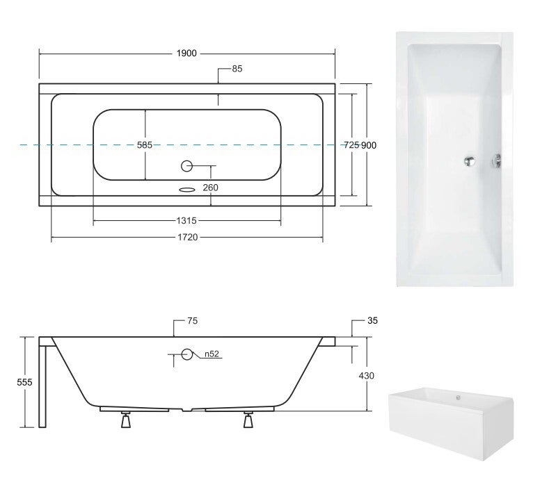 Baignoire rectangulaire blanc - avec Tablier - Repose Tête OFFERT - QUADRO - 190x90 - 4