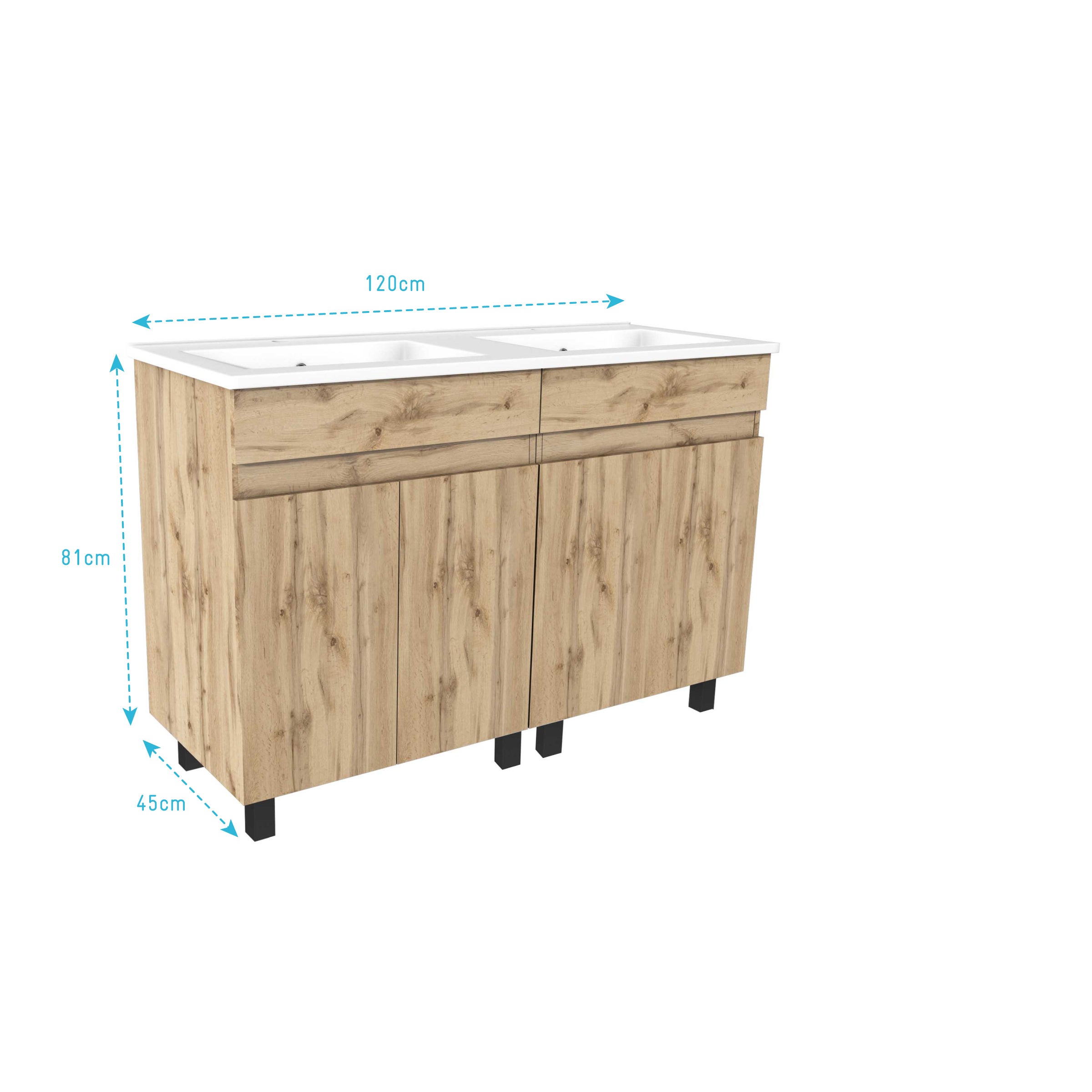 Meuble de salle de bains 120cm 4 Portes_Chêne Naturel + Vasque céramique blanche - TIMBER 120 - 4