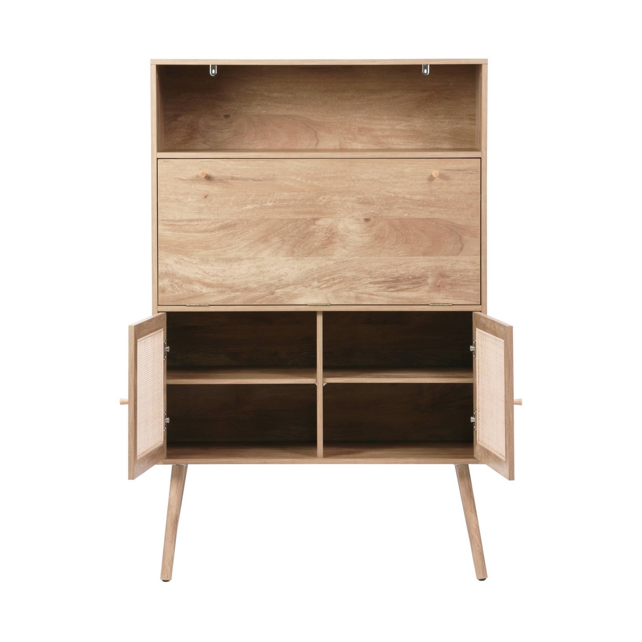 Bureau secrétaire décor bois et cannage 2 portes naturel - Boheme BOHÈME - 7