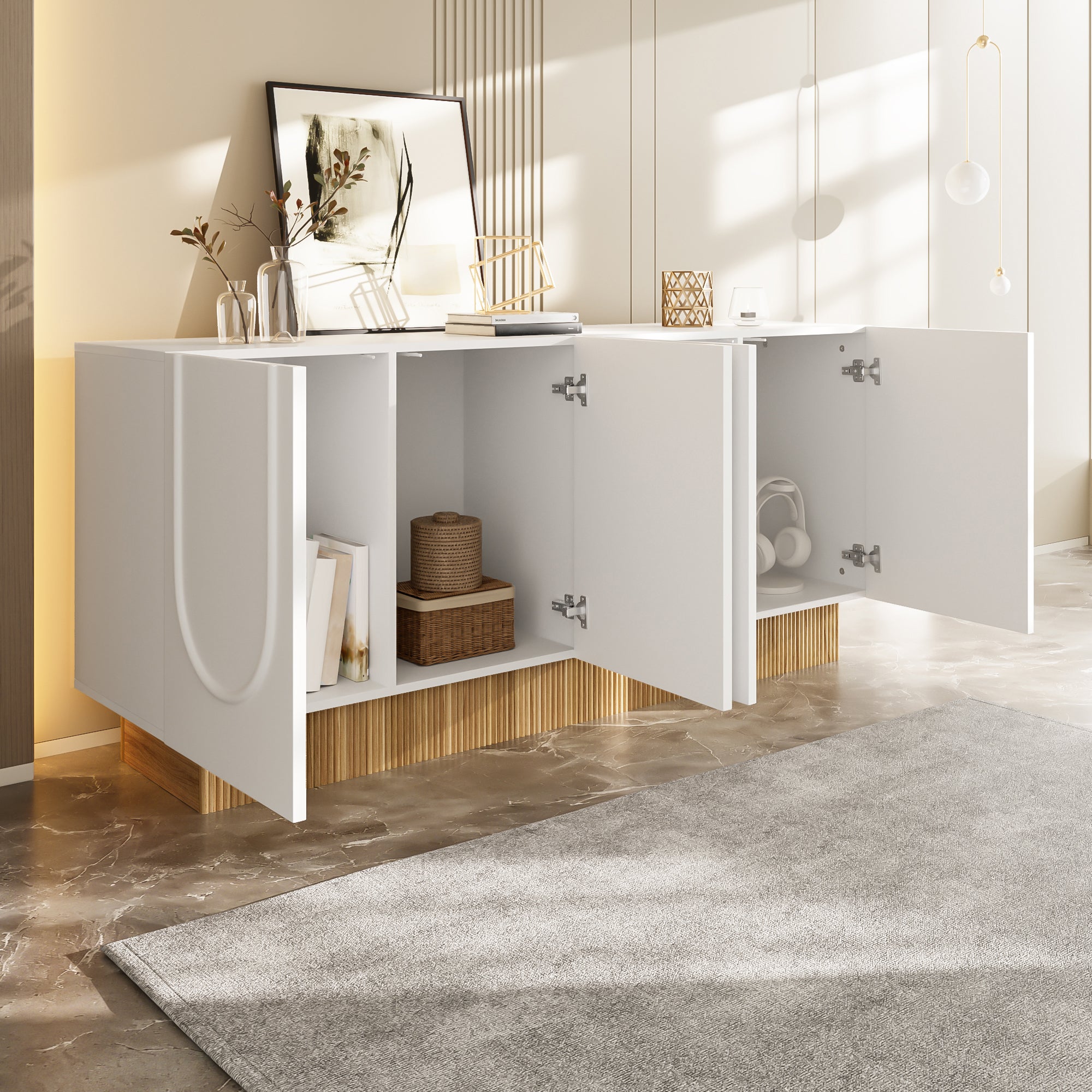 Buffet moderne avec 4 portes - 160 x 75 x 38 cm - Panneau de particules - pour salon, salle à manger - Blanc et bois - 3