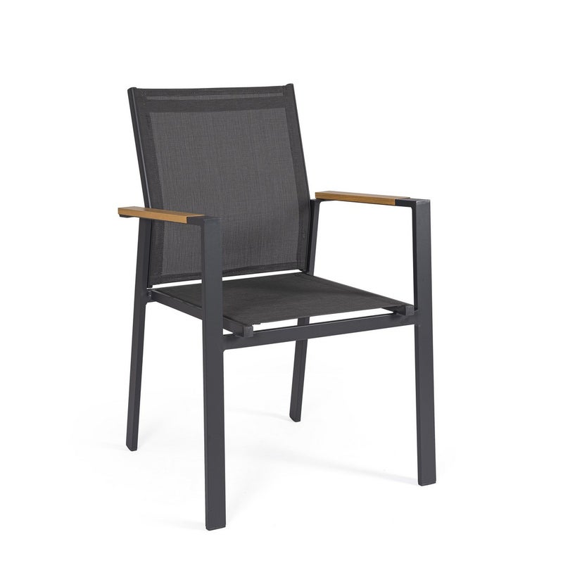 Zestaw 4 krzeseł „Heta” w kolorze antracytowym z aluminium i materiału tekstylnego z podłokietnikami imitującymi drewno