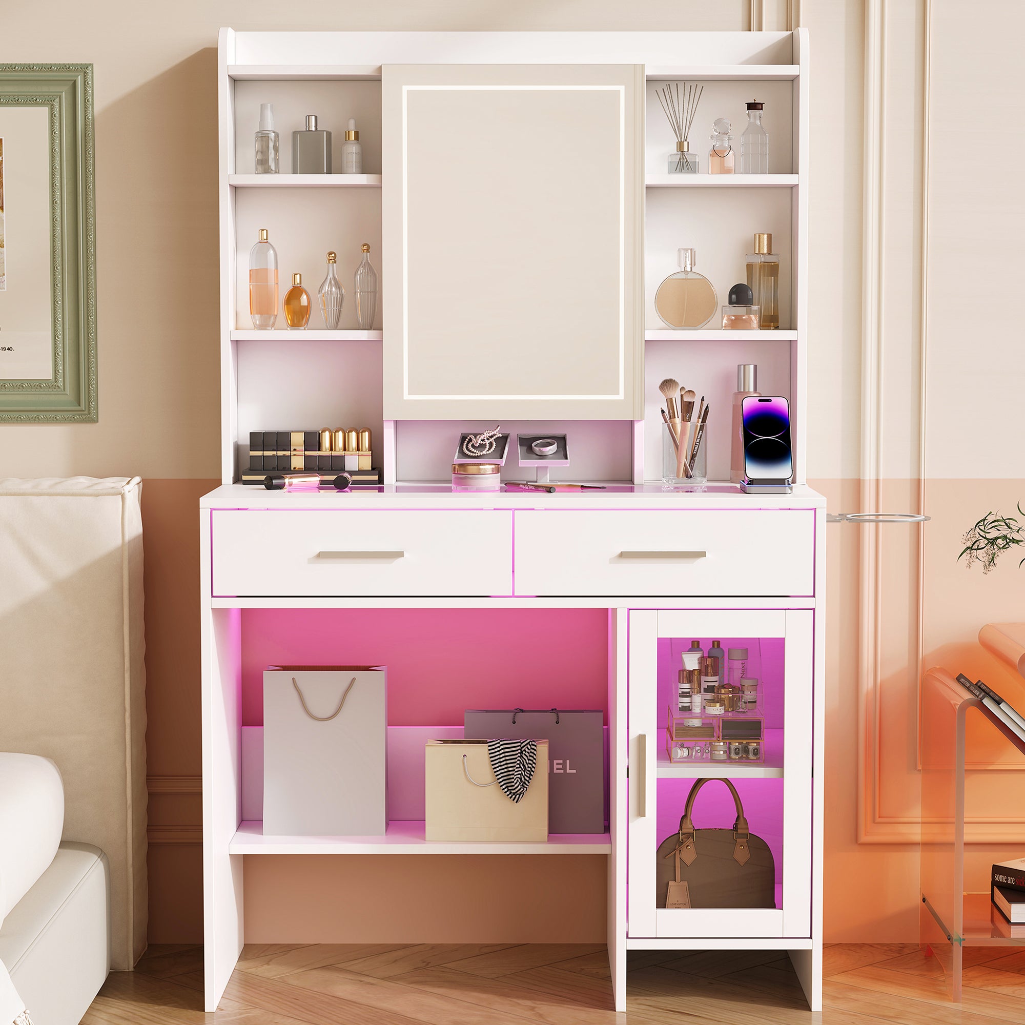 Coiffeuse avec éclairage, luminosité réglable, casiers visuels, miroir LED, avec prises, coiffeuse avec 2 tiroirs, 5 compartiments ouverts, blanche - 7