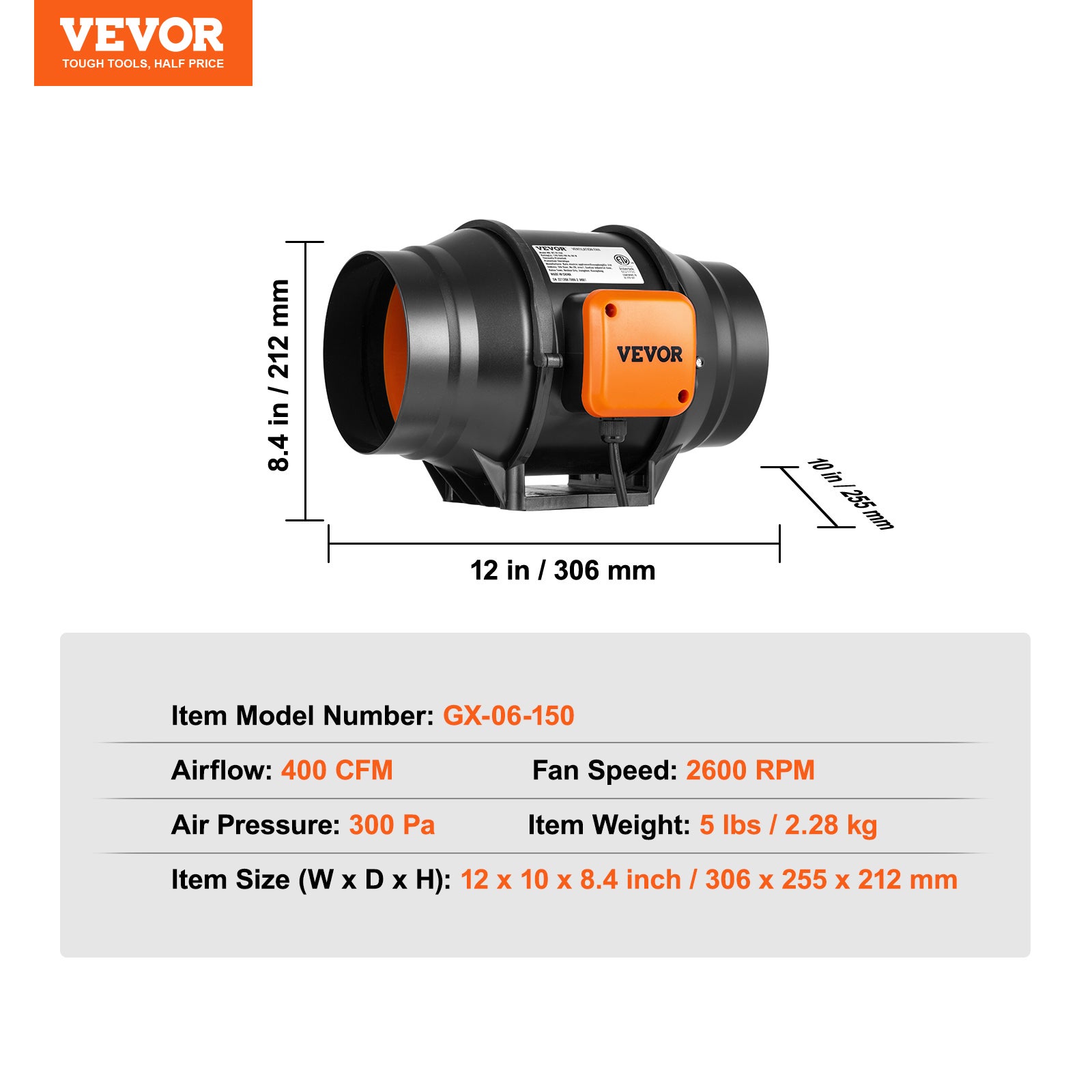 Extracteur d’air en ligne VEVOR Ø152,4 mm, 550 m³/h, variateur à molette, moteur AC 220–240 V, faible bruit, booster pour tentes de culture - 7