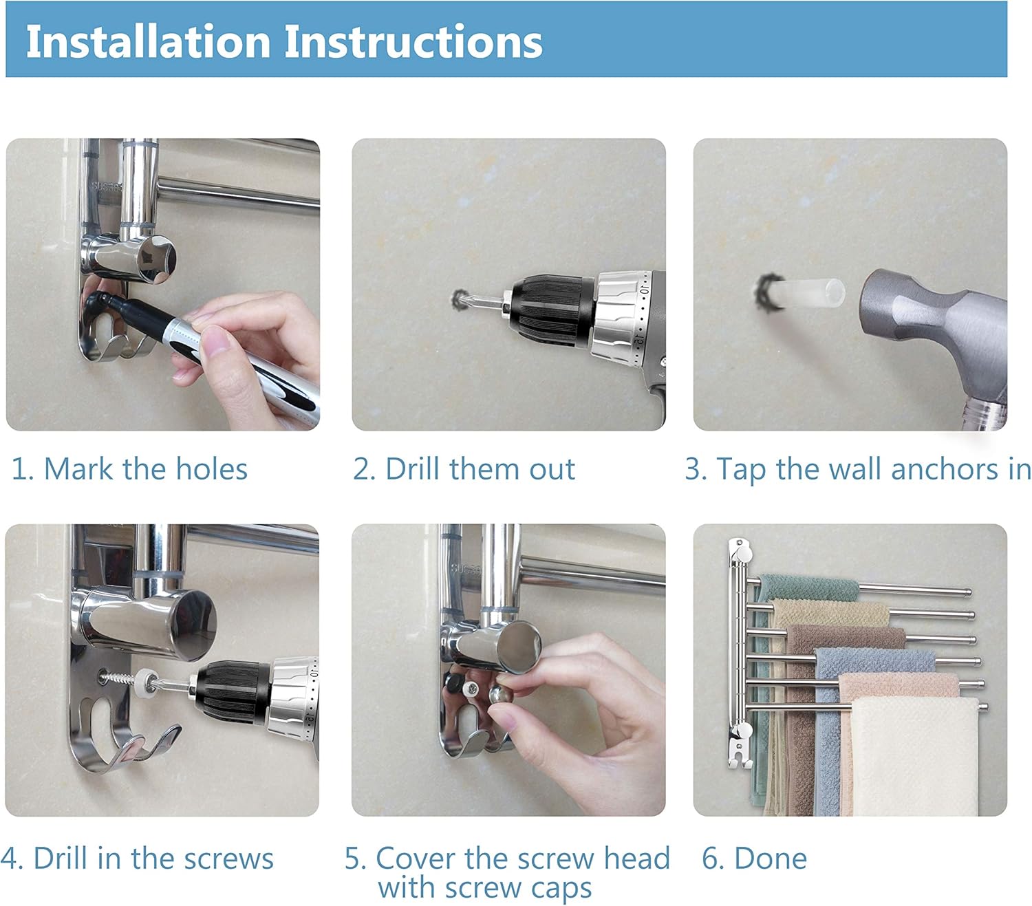 Wieszak na ręczniki do łazienki, obrotowy 180°, podwójny drążek ze stali nierdzewnej, sześć srebrnych drążków - 7