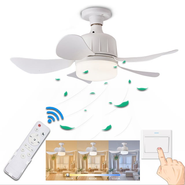 Ventilateur de plafond LED avec télécommande, culot E27, 3 couleurs 3000 K-6500 K, idéal pour la cuisine, le garage, la chambre à coucher,blanc