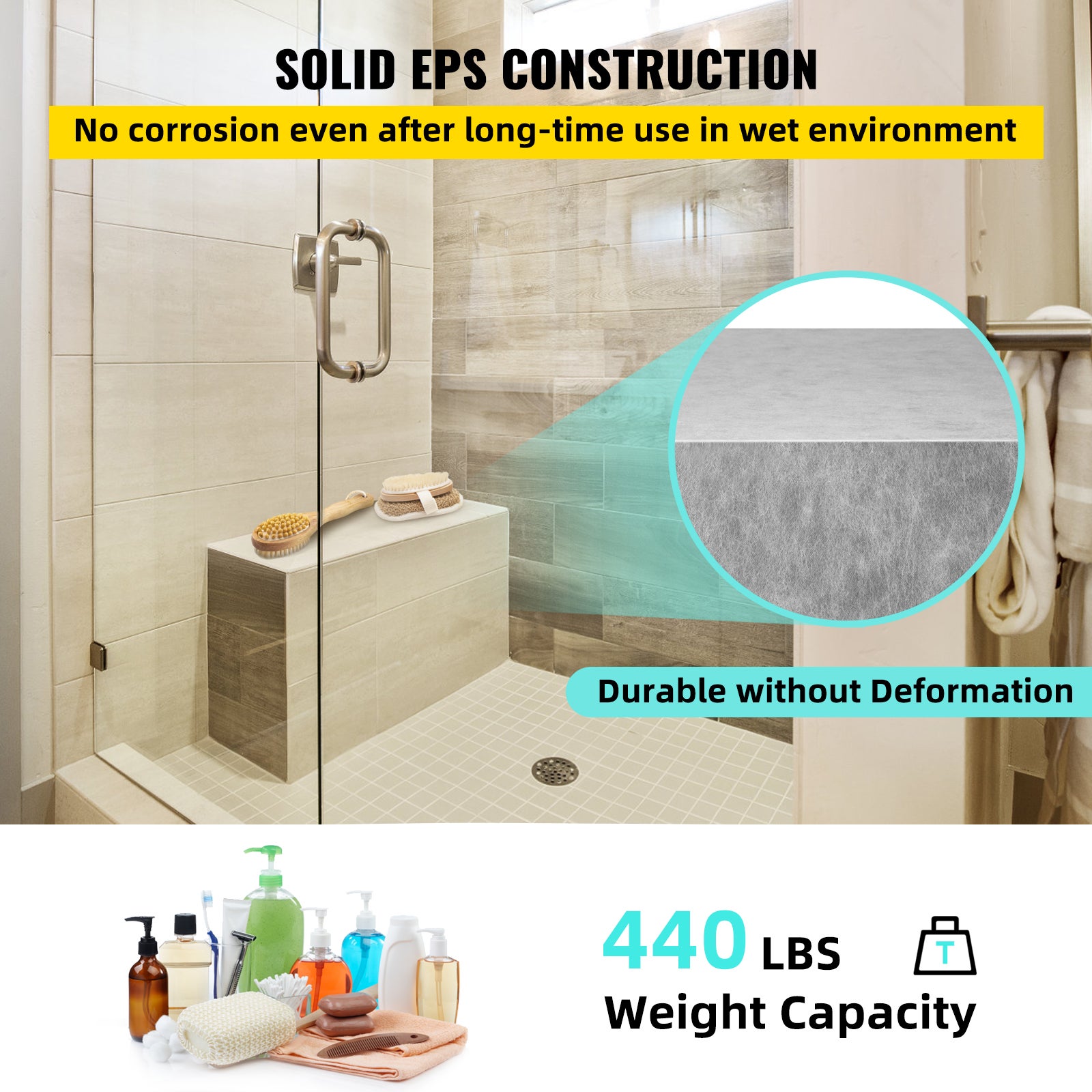Banc de Douche Pret a Carreler VEVOR 97x29x50 cm Siege deAngle Etanche Composite EPS Repose-Pied Prefabrique Douche Italienne en Rectangle Charge 200 - 3