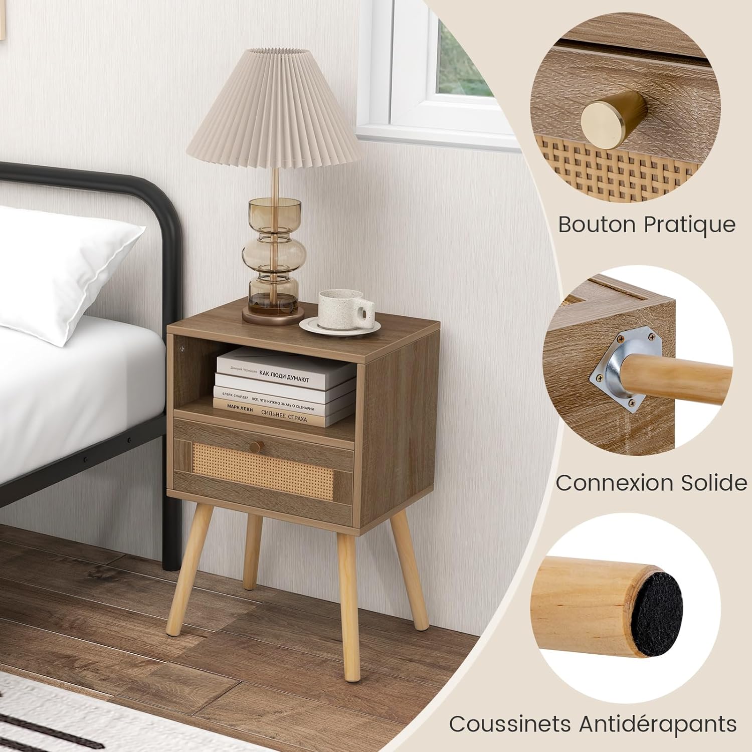 Lot de 2 Tables de Nuit en Rotin, Table de Chevet Bois avec Tiroir, 4 Pieds en Pin, Compartiment Ouvert, Table d'Appoint pour Salon, Chambre - 6