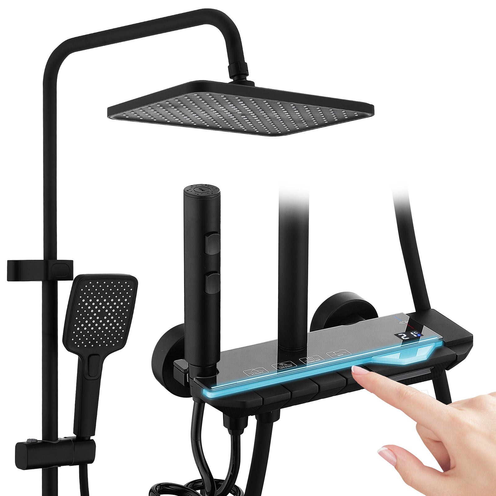 Columna de ducha negra de diseño con led y pantalla digital, conjunto completo con estante de almacenamiento de latón