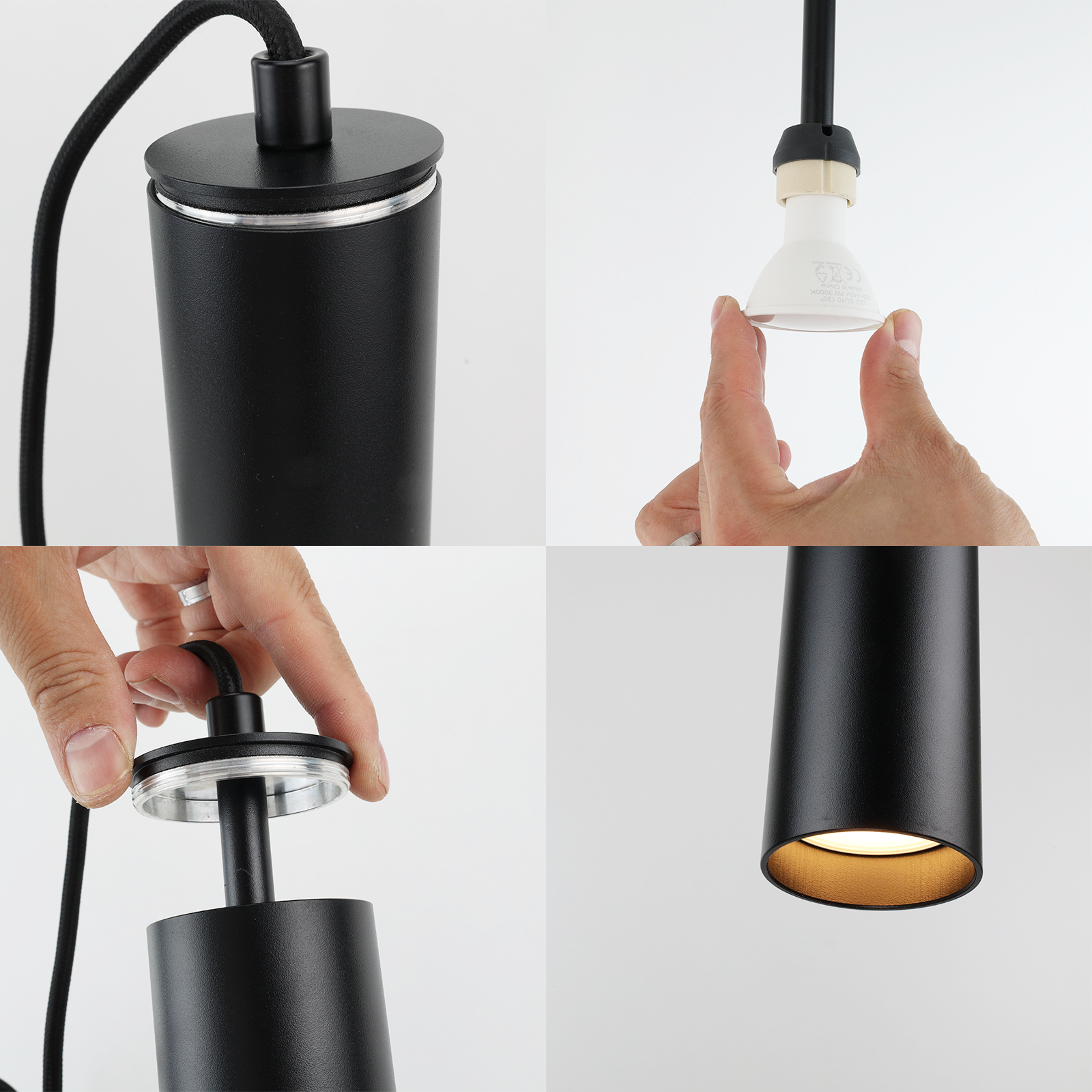 Luminária Pendente de Teto Moderna em Alumínio Preto Minimalista em Formato de Tubo 40cm com Soquete GU10, Altura Ajustável. - 6