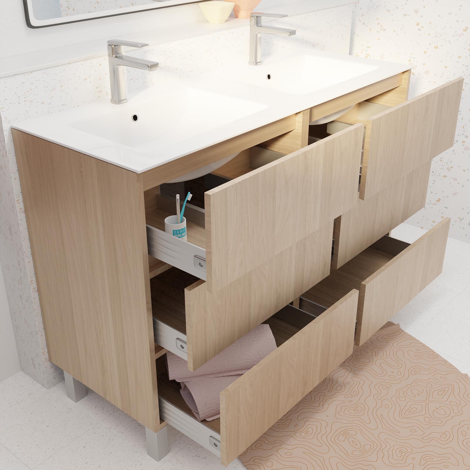 Pack Meuble Salle de Bains 120 cm Chêne Clair, 6 tiroirs avec Vasque Céramique - XENOS - 2