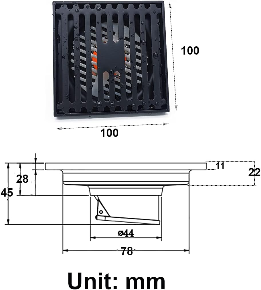 Caniveau de douche carré en acier inoxydable, anti-odeurs, 100 mm de côté, noir. - 2