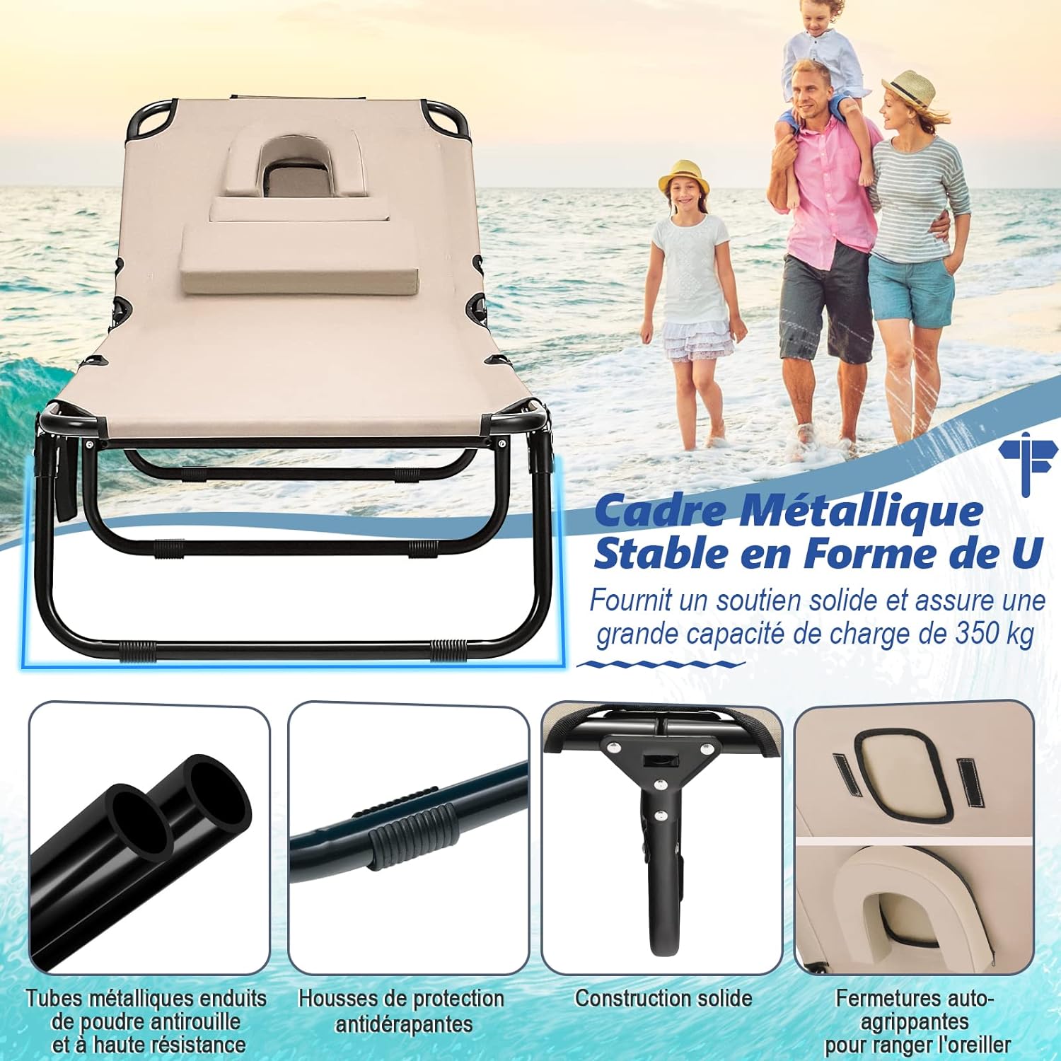 Transat Jardin Extérieur/Chaise Longue Pliante Réglable en 5 Positions, Bain de Soleil avec Trou pour Visage, 3 Coussins Amovibles, Charge 160 KG - 7