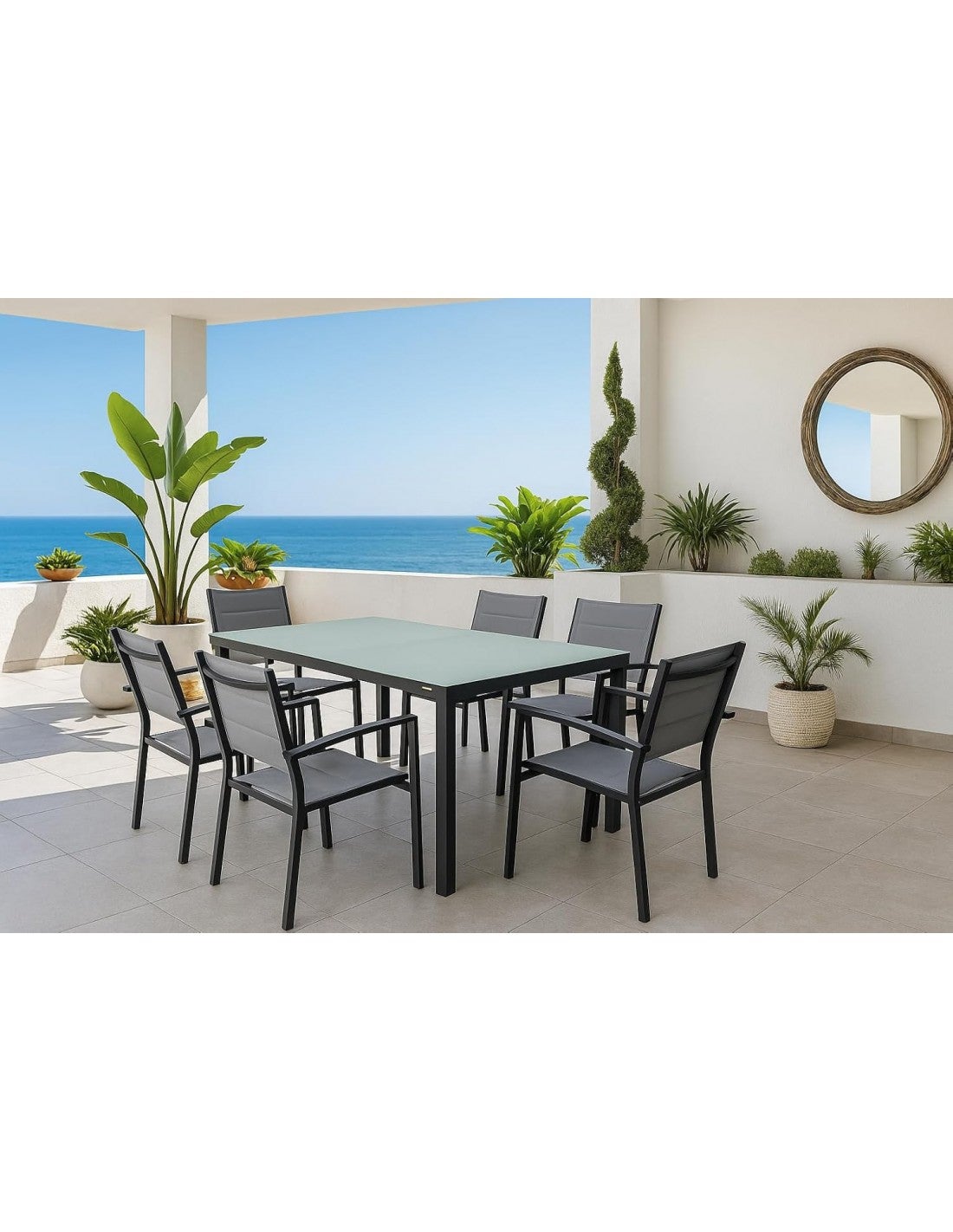 Conjunto de Mesa y Sillas de Jardín Gris para 6 Personas — Aluminio y Cristal Templado de 150 x 90 cm para Exterior - 6