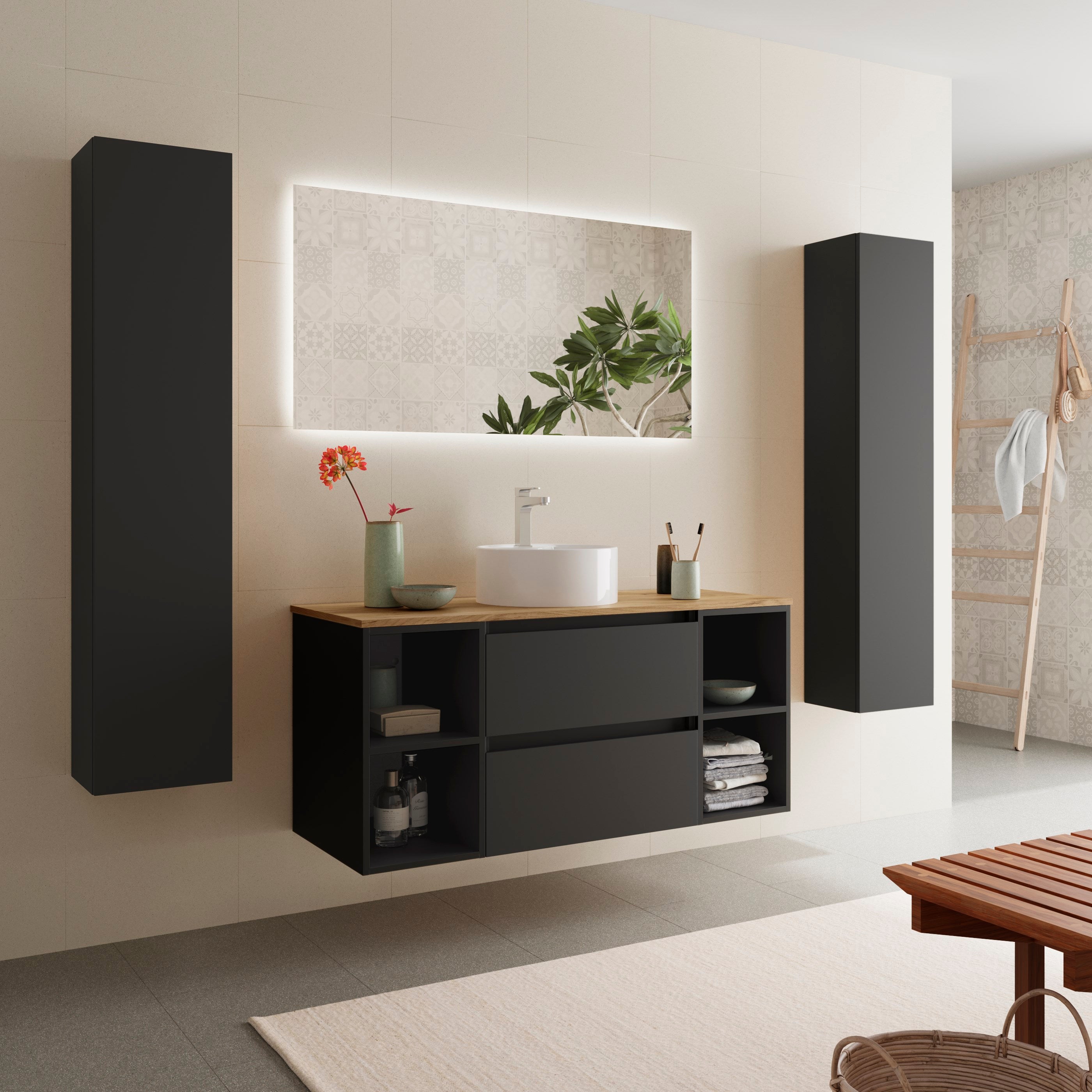 Meuble de salle de bain BEQUIA Plus 120cm Noir mat | Vasque à poser Porcelaine Centrale - 2