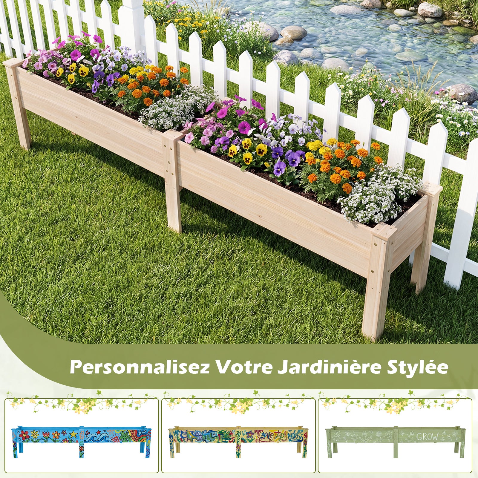 Jardinière avec 2 Zones de Culture, Bac à Fleur Surélevé en Bois de Sapin Plateaux Amovibles Séparation Trou de Drainage, 240 x 43,5 x 51,5CM, Naturel - 7
