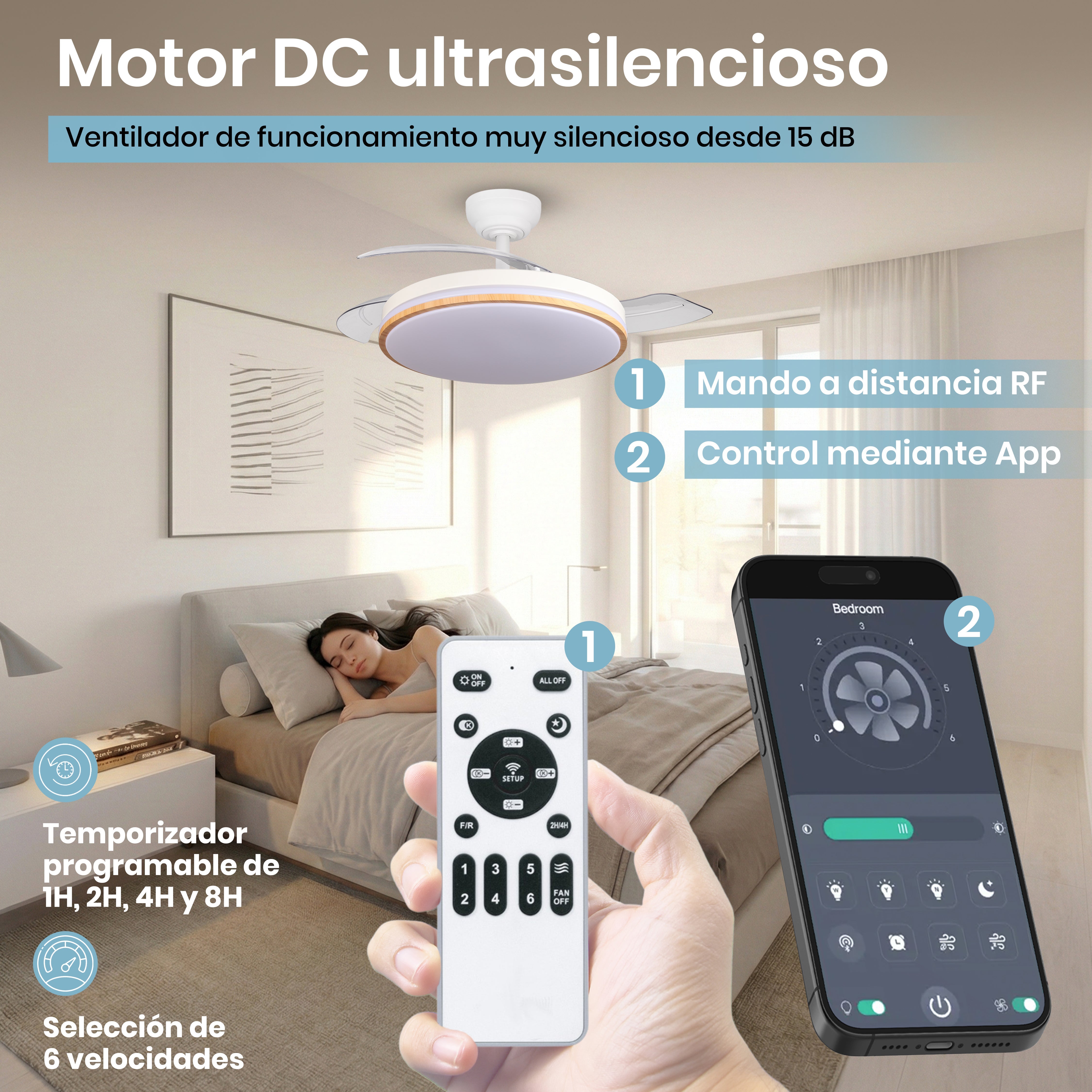 Ventilador de techo con luz LED regulable 60 W 107 cm, aspas retráctiles motor DC silencioso 6 velocidades, mando y memoria, Blanco - 5