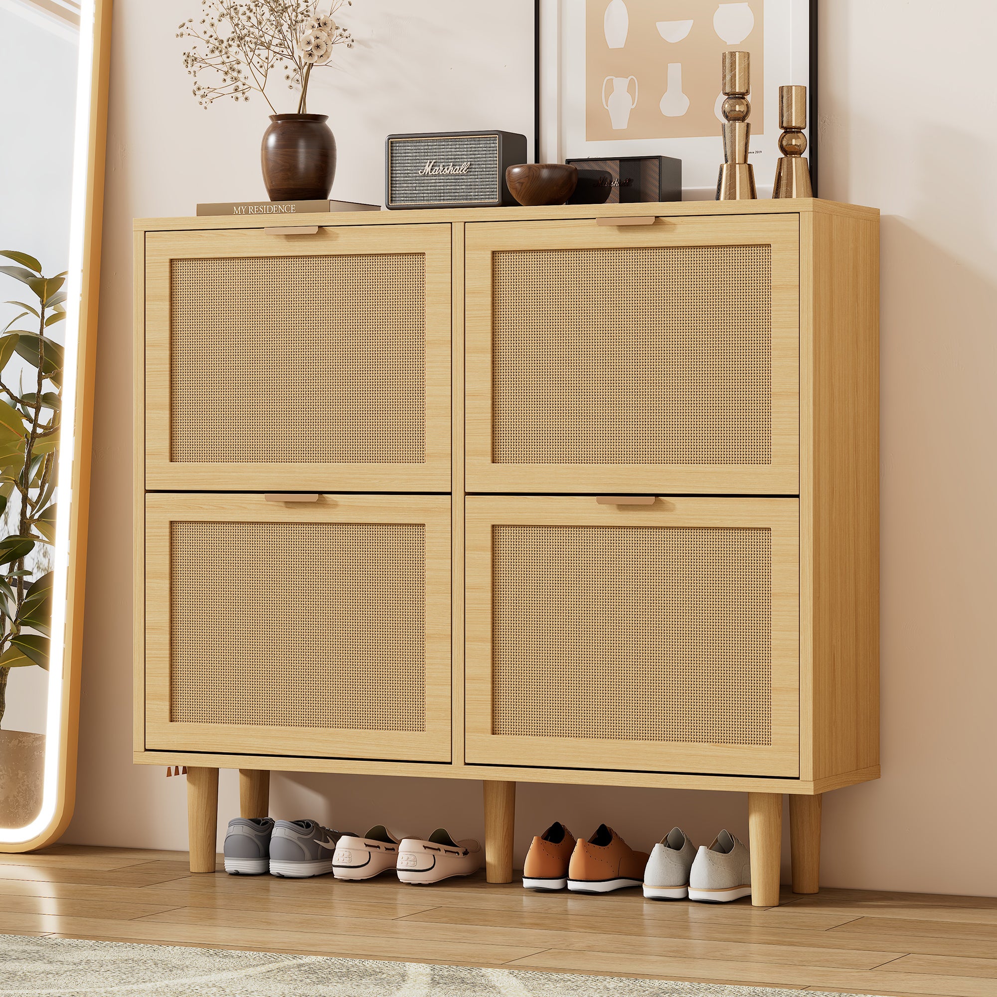 Meuble à chaussures avec 4 portes abatantes en rotin - 100 x 25 x 90 cm - Panneau de particules - Chêne clair - 5