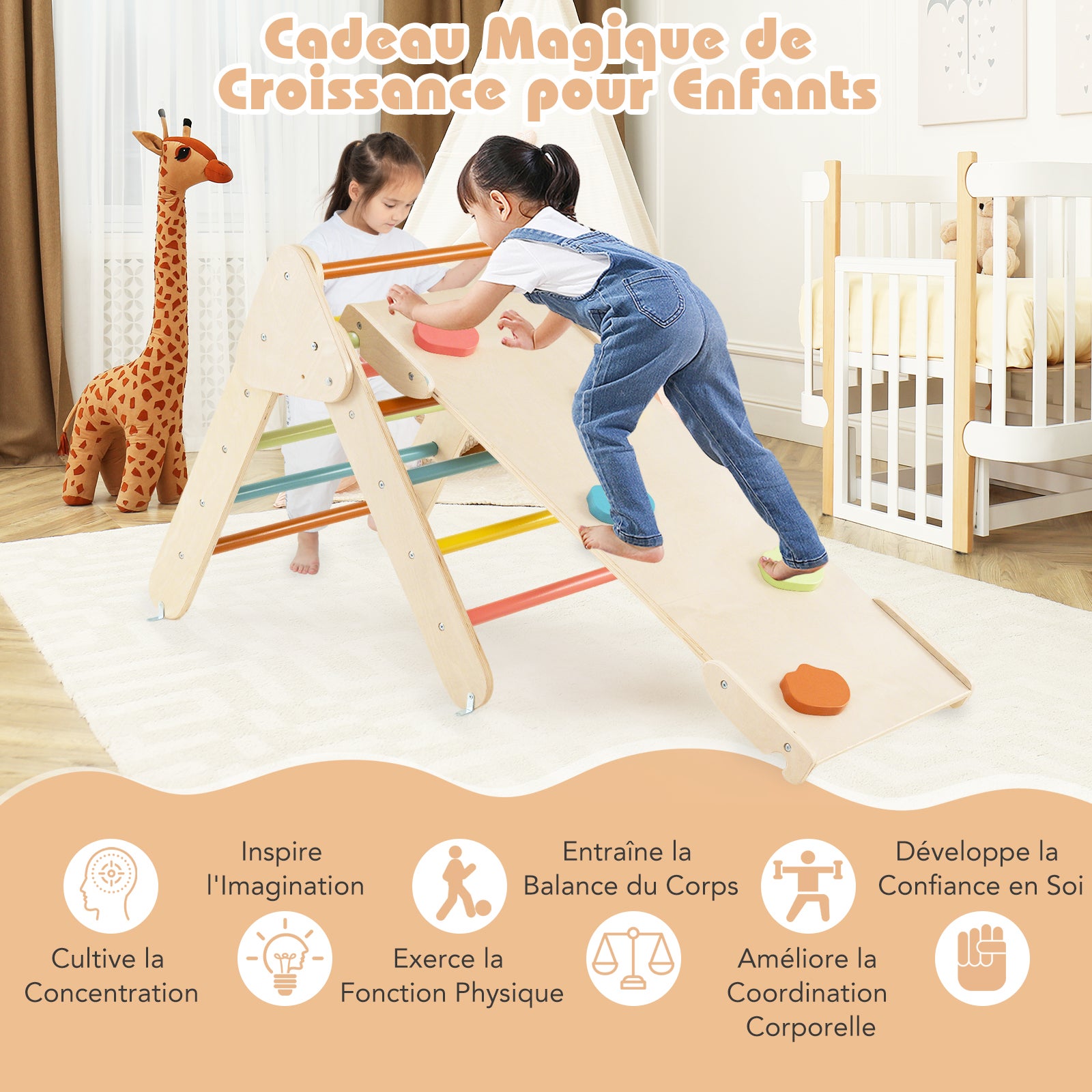 7 en 1 Triangle d'escalade Montessori Enfants avec Rampe, Arc d'escalade en Bois Hêtre avec Tente & Bascule & Échelle, Charge 50KG, pour 1 An + - 9
