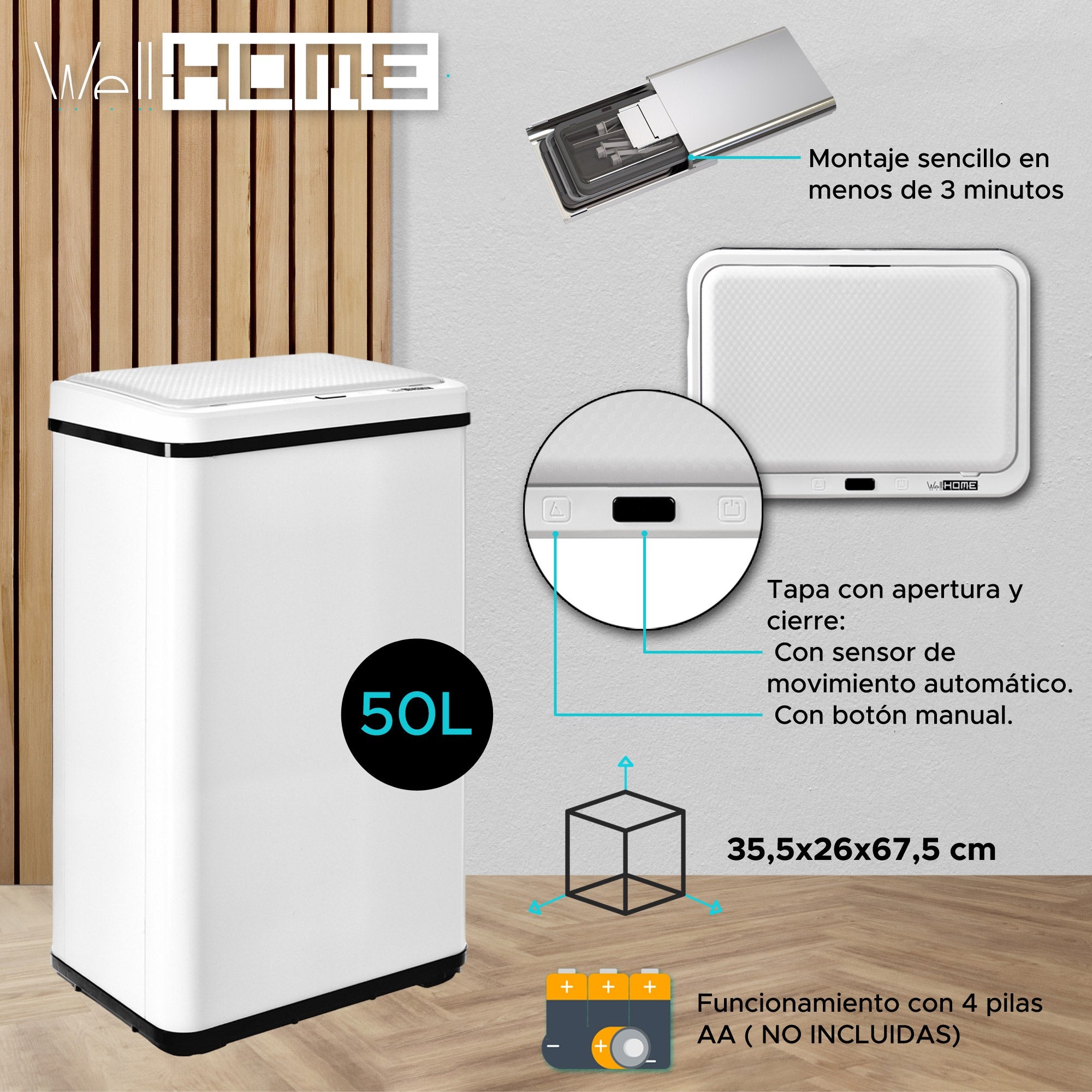 WELLHOME Cubo de Basura inteligente 50L Blanco Tapa apertura automatica Leroy Merlin