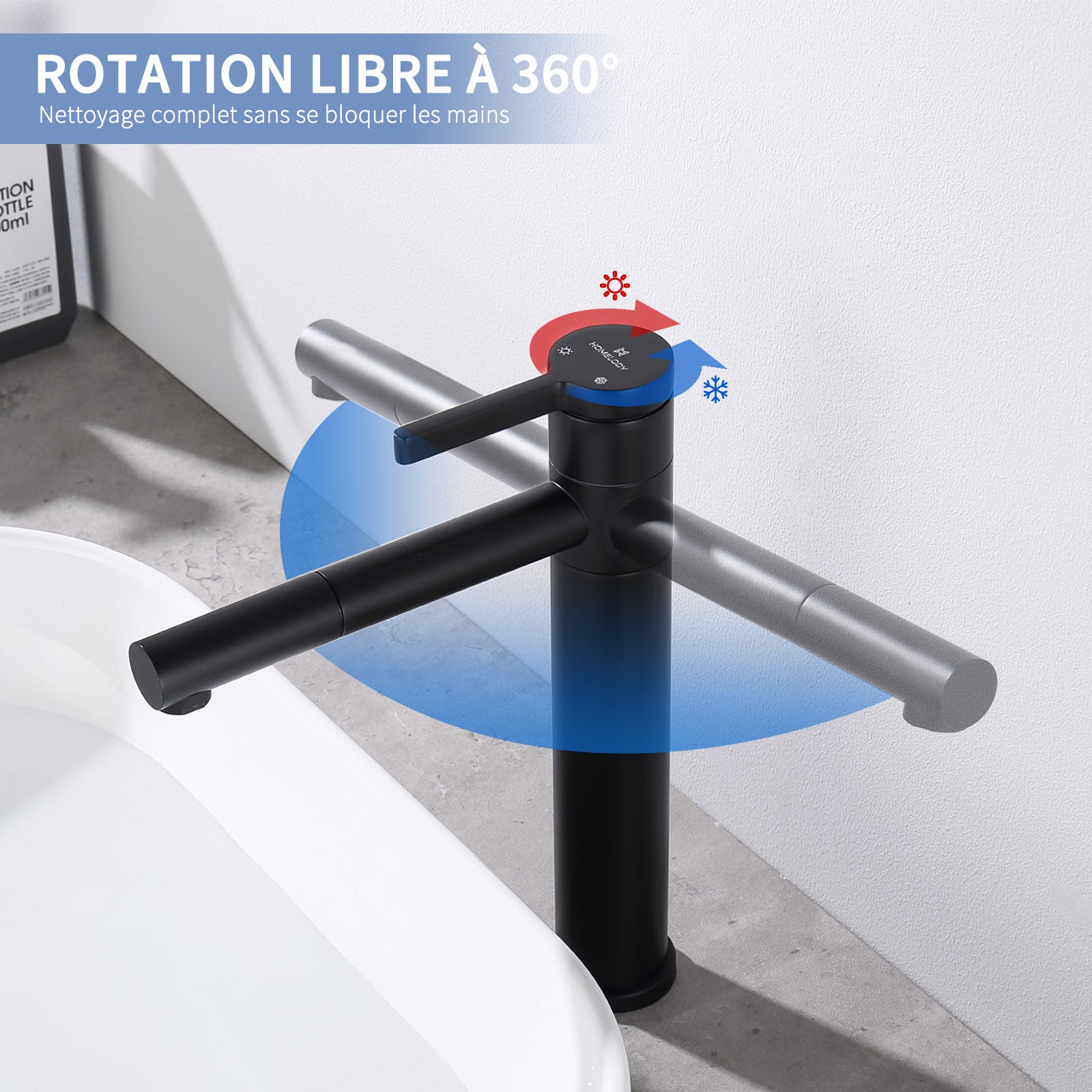 Mitigeur de Lavabo Noir Haut Bec Robinet de Salle de Bain Pivotant 360° Robinetterie de Lavabo pour Vasque en Acier Inox - 3