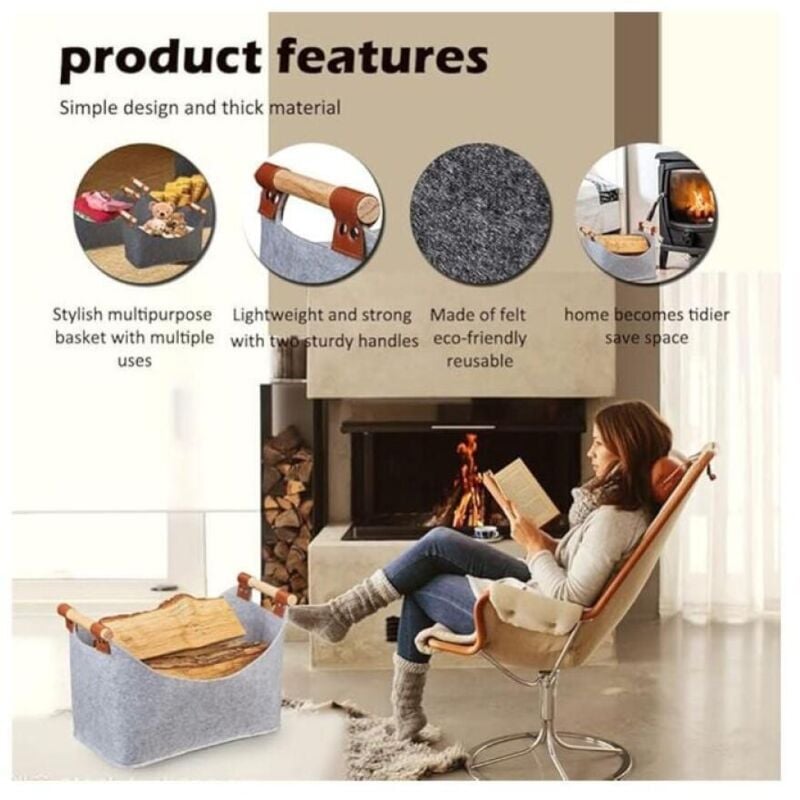 Borsa porta legna in feltro grigio chiaro (45 x 40 x 32 cm), cestino porta legna pieghevole con manici rinforzati, borsa porta legna in tela - 3