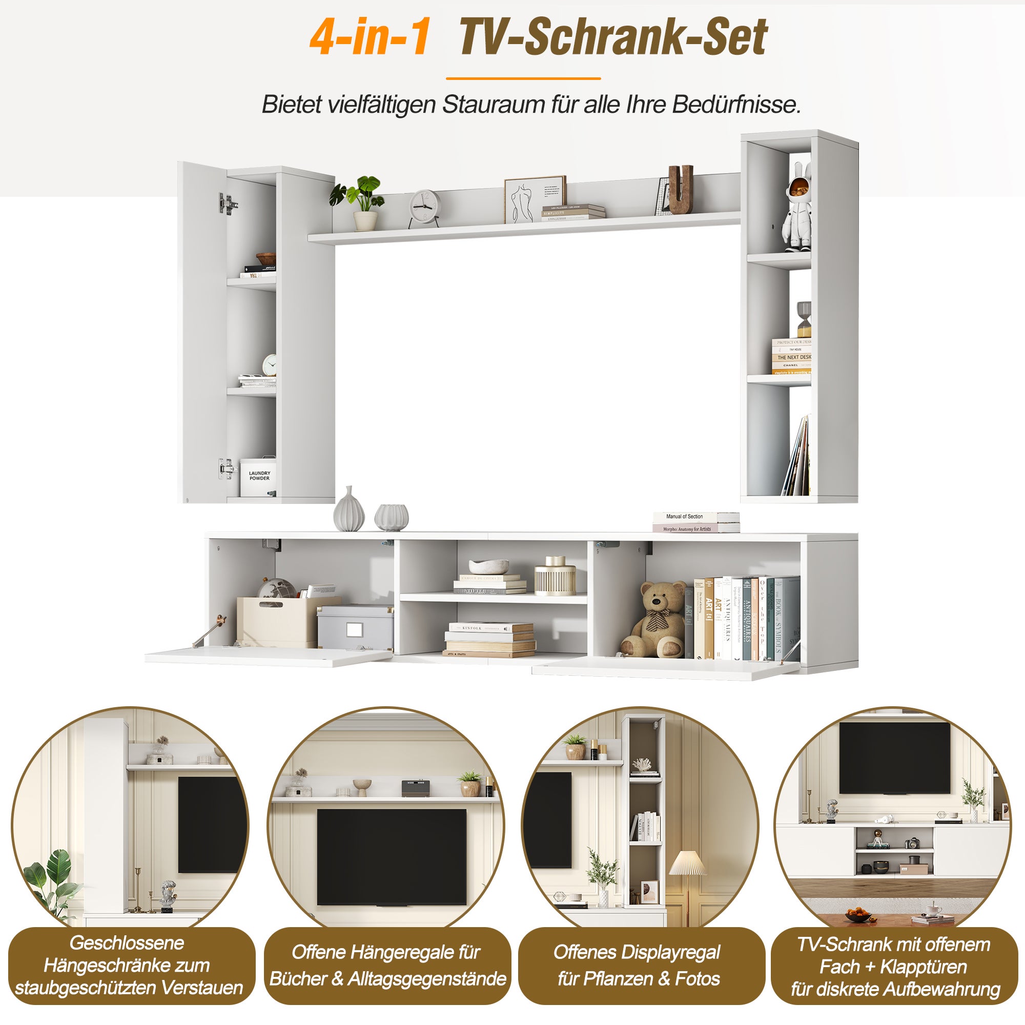 Meuble TV Salle de Séjour Complet avec Bibliothèque Murale et Vitrines, Meuble tv bois Ensemble 4 Pièces (180cm) : Support TV, Étagères Murales, Blanc - 6