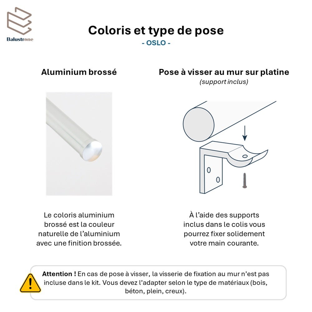 Main courante aluminium 2m + 2 supports, OSLO (rond), en kit - 4