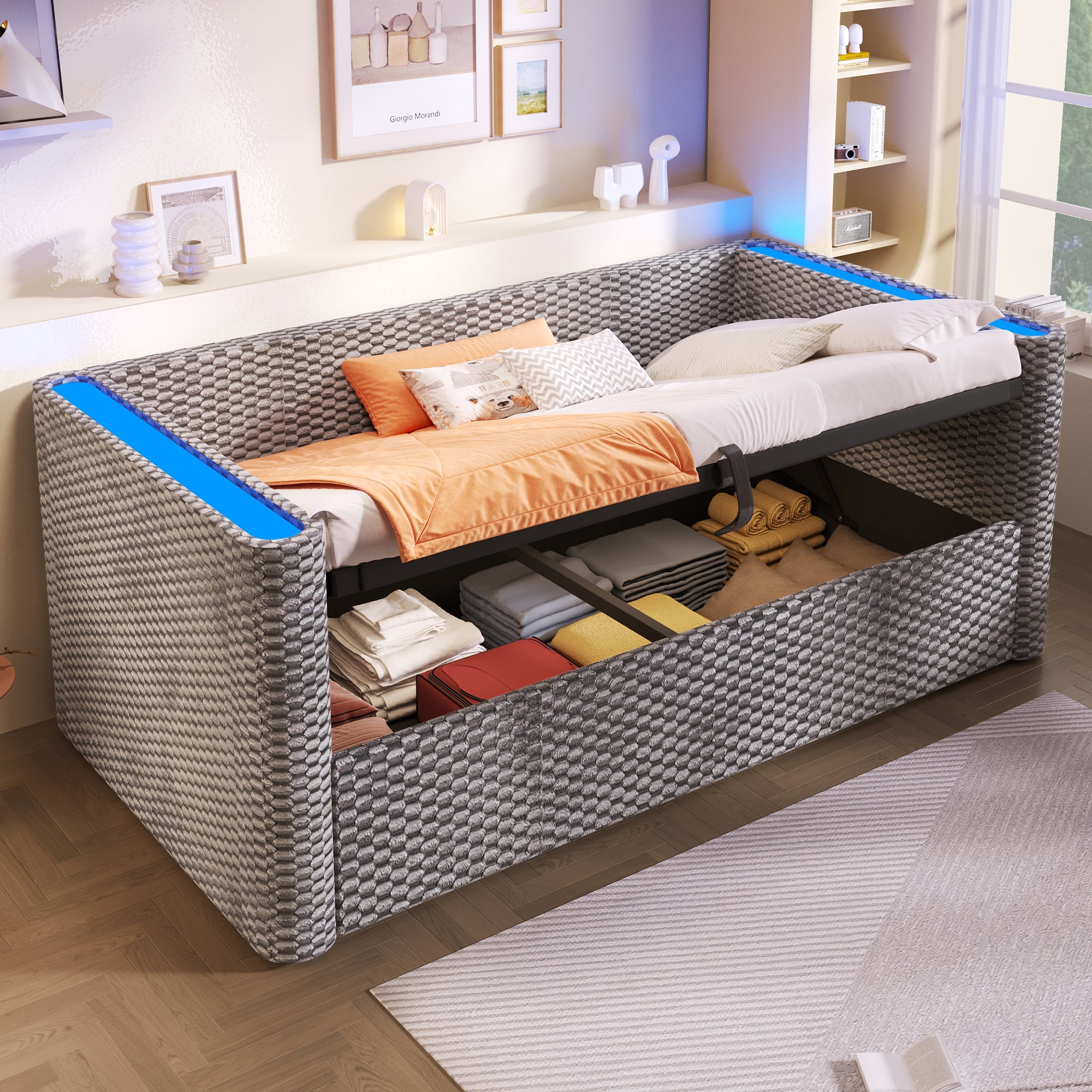 Rozkładana sofa z pojemnikiem 90x200 cm - z oświetleniem LED - stelaż lamelowy - welur - szary (materac nie jest wliczony w cenę) - 4