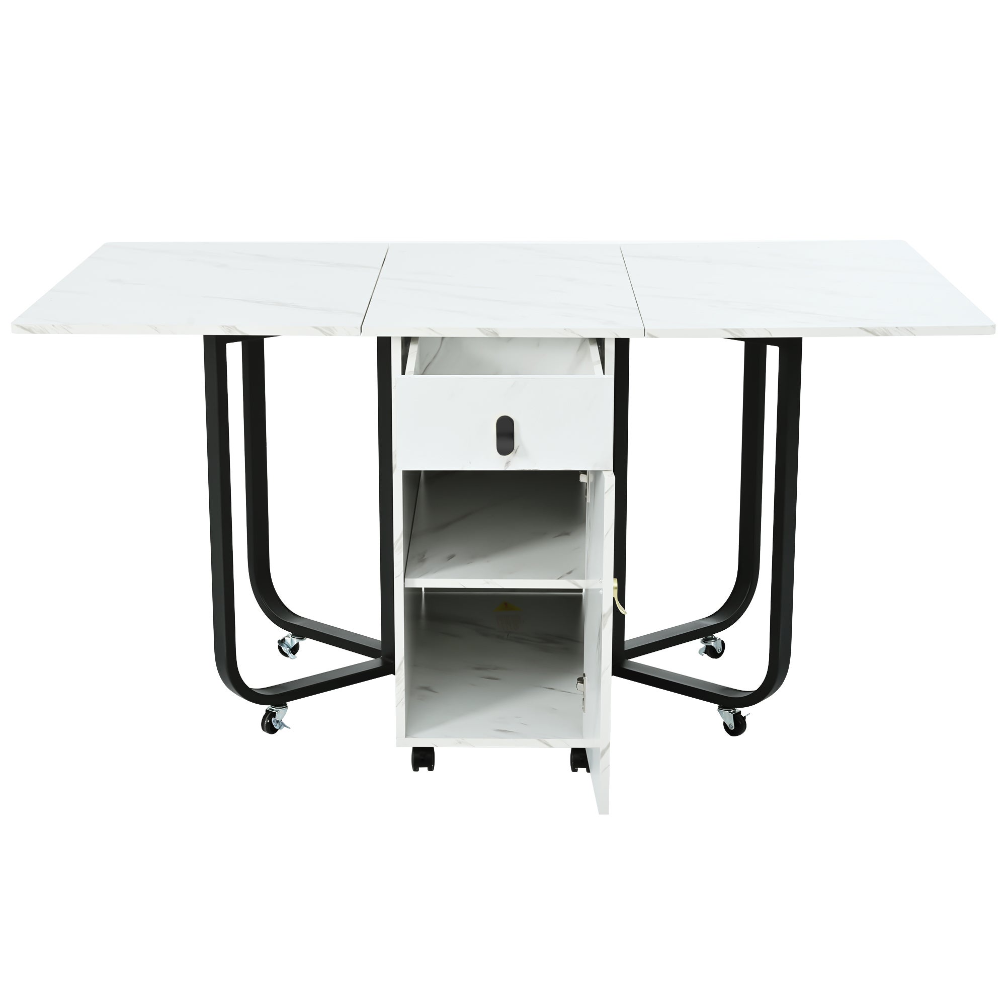 Table de salle à manger rabattable 150x80x76 cm avec 2 tiroirs, armoire, rangements, en MDF, couleur blanche et noire - 8