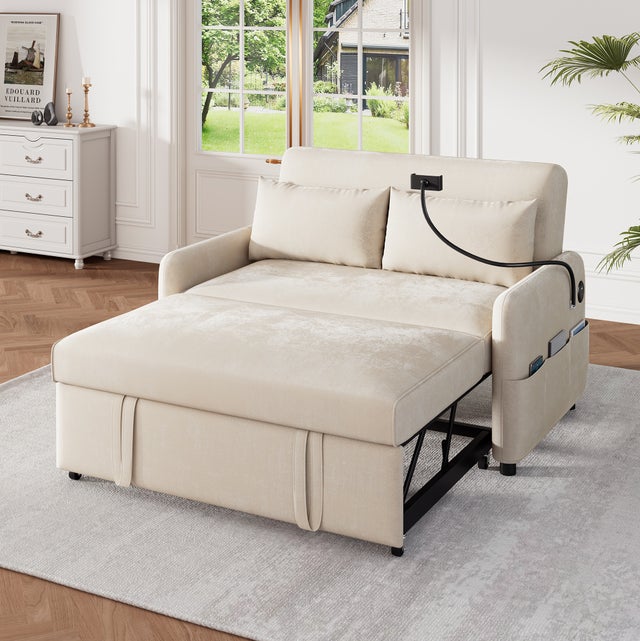 Sofá conversível 2 lugares 129x163x81 cm com encosto reclinável, portas USB, bolsos laterais, chenille bege