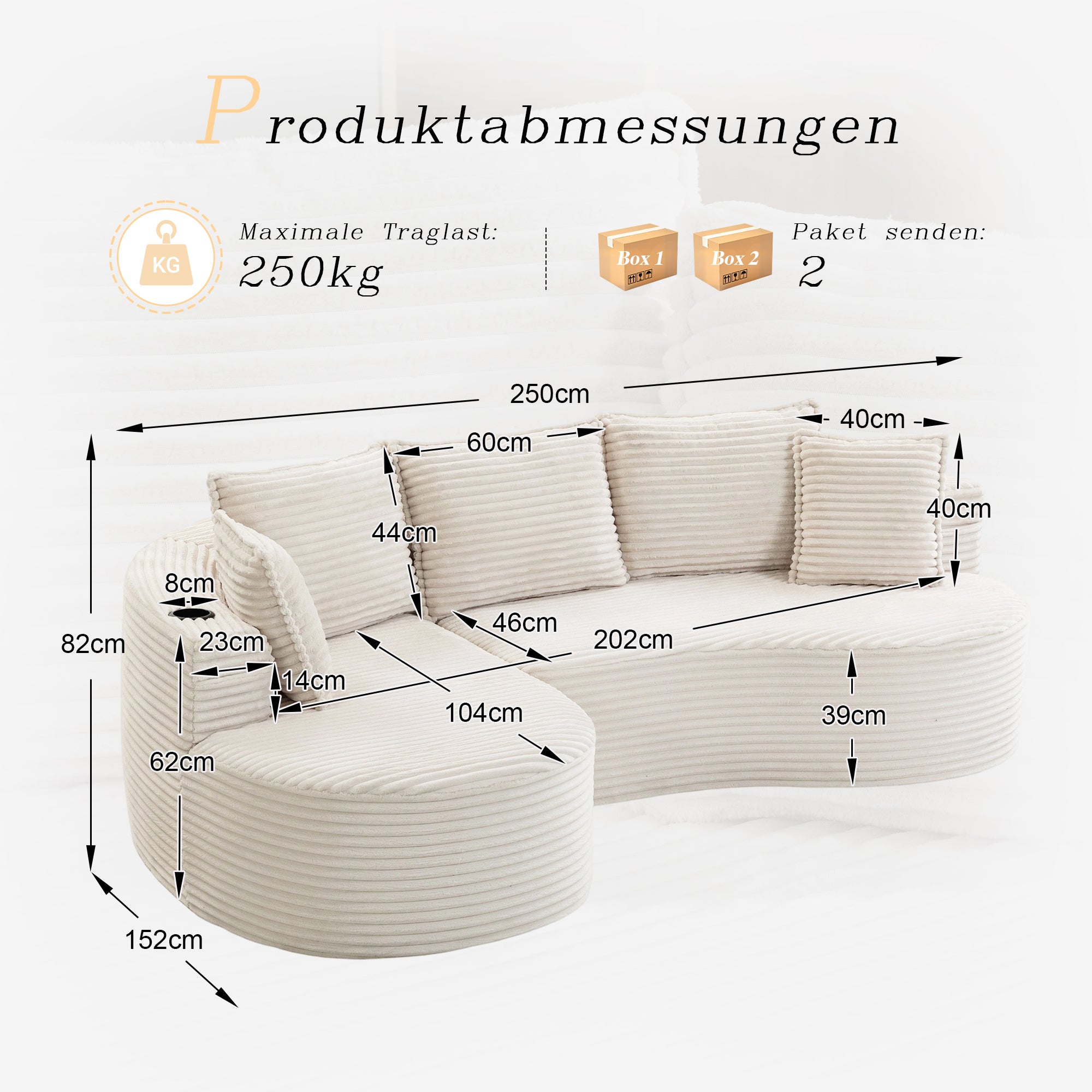 Canapé incurvé en velours côtelé souple 250 x 152 x 82 cm Canapé 3-4 Places avec porte-gobelet, poche de rangement et Coussins Beige - 6
