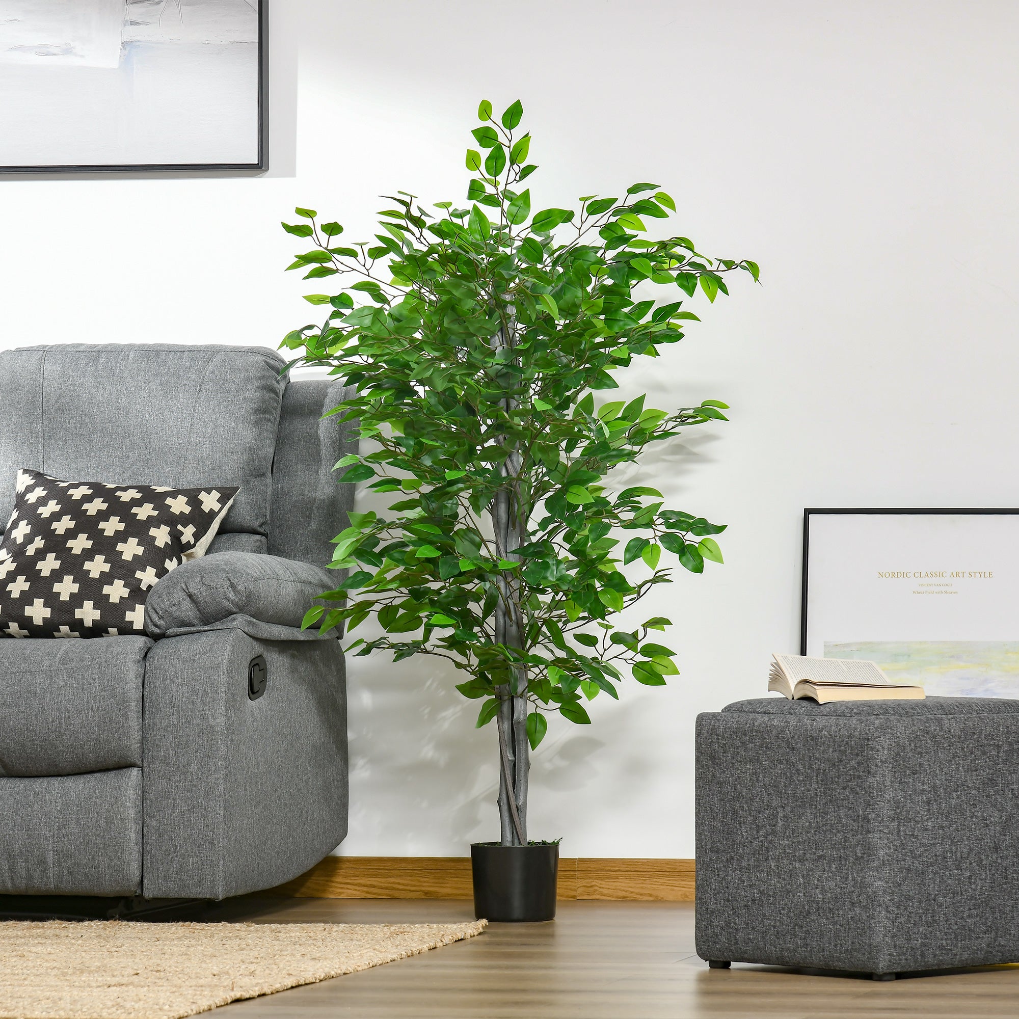 Arbre artificiel, ficus, aspect réaliste, pot en ciment, 135 cm, facile d'entretien, plastique, vert - 3