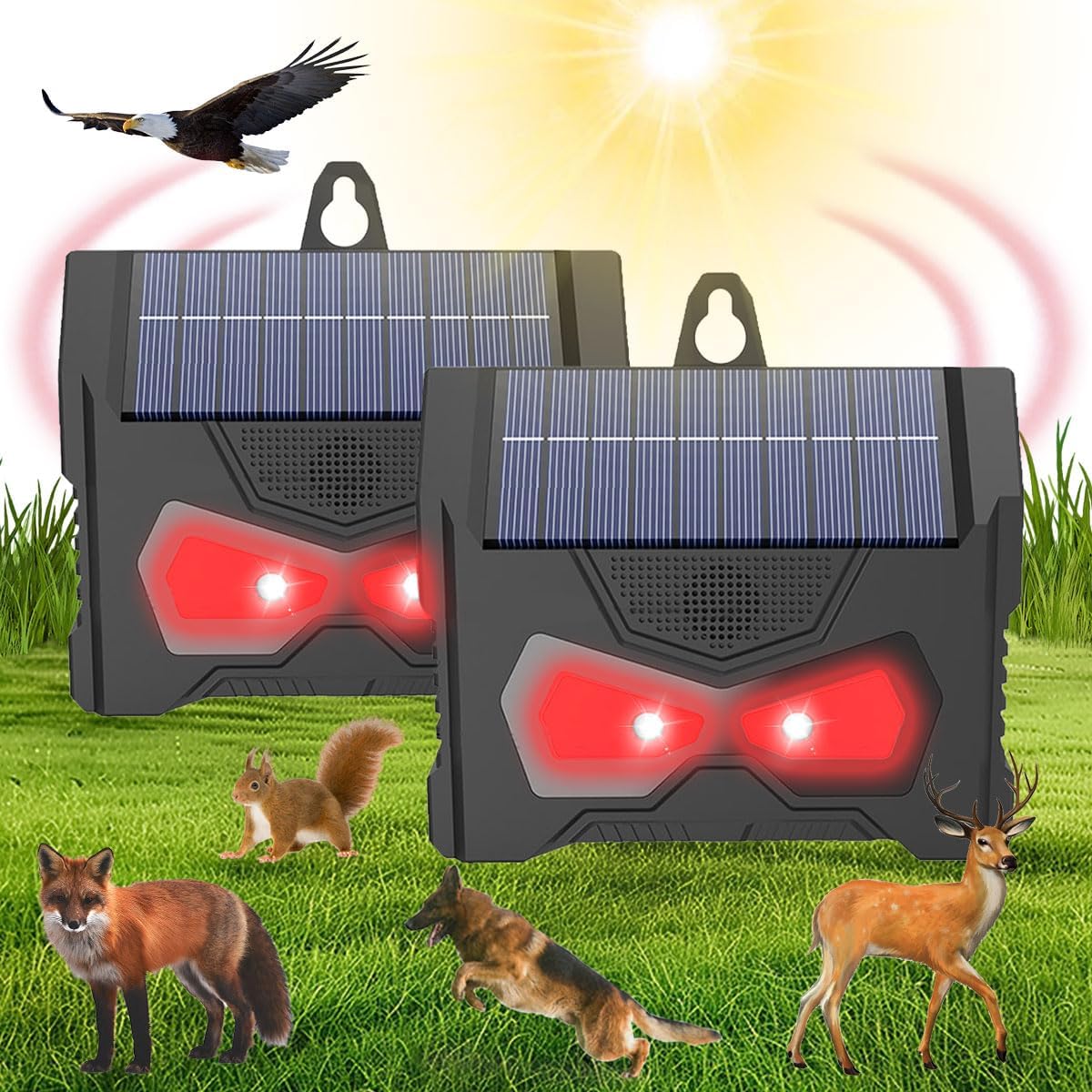 Zestaw 2 Solarnych Odstraszaczy Zwierząt z Migającą Diodą LED, Kontrola Drapieżników Jeleni Jenotów Lisów Dzików