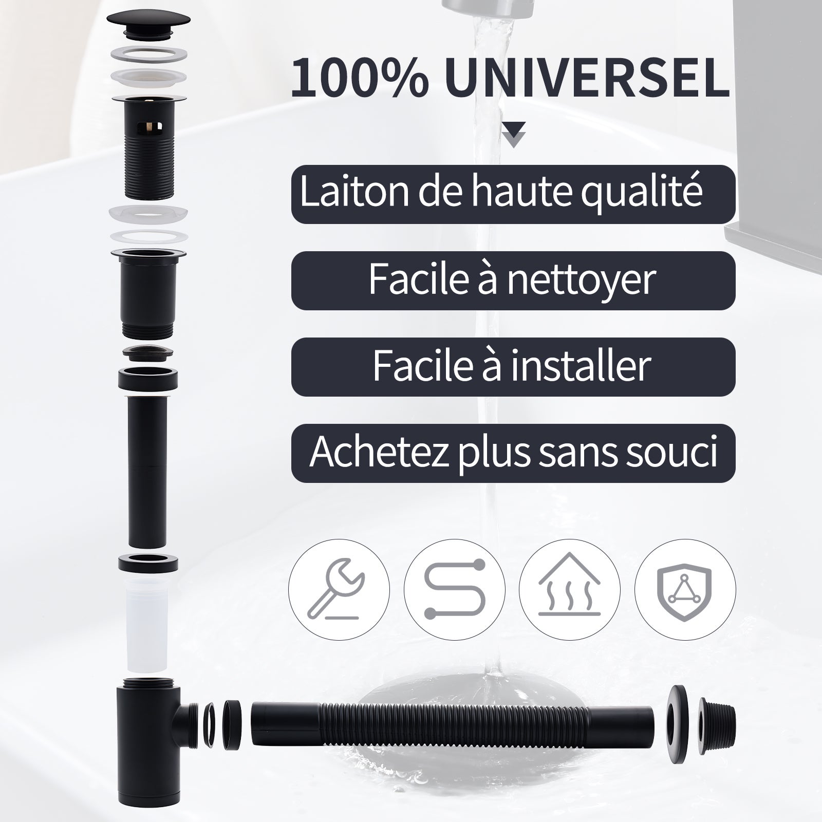 Siphon de Lavabo avec Bonde Siphon Universel et Bonde d'écoulement Salle de Bain pour Lavabo Noir Mat 1/4 x 30 mm Siphon Pop-up - 3
