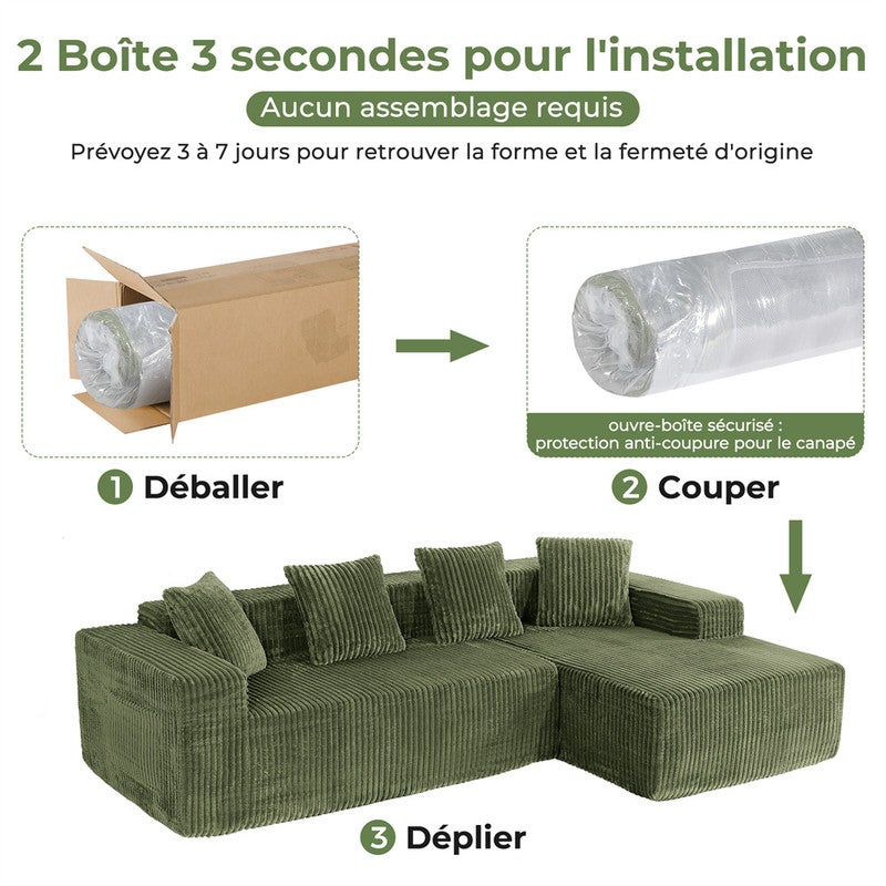 DRIPEX Canapé d'angle droit en velours côtelé avec 4 coussins,Canapé Modulable 4 places avec méridienne en L,261×156×80cm,Vert - 5
