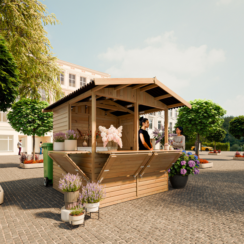 Chioșc comercial din lemn - 253x263xH232 cm / 4,08 m² - 4 ferestre de vânzare - TIMBELA M149B