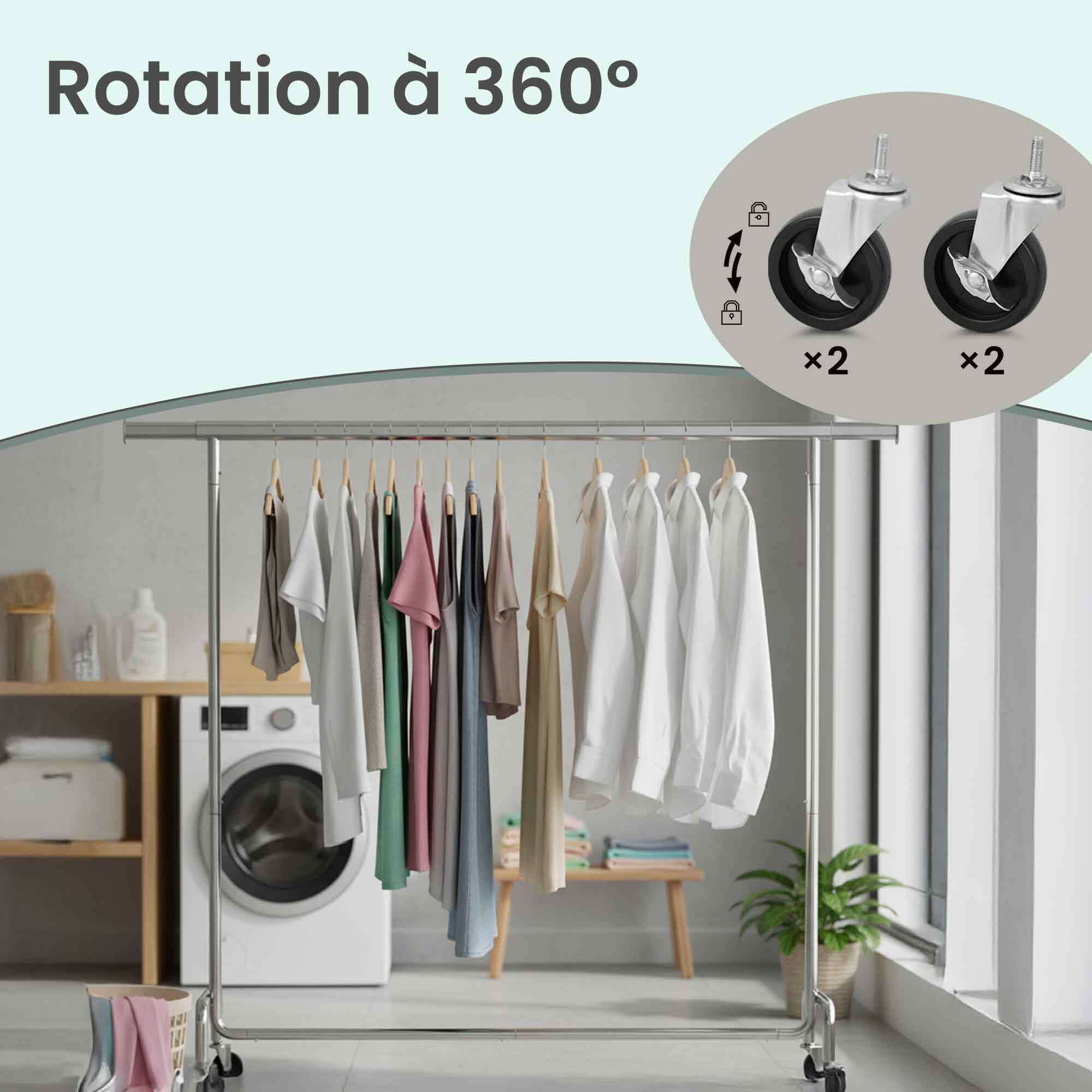 Portant à vêtements sur roulettes, tringle extensible, charge maximale 110 kg, argent - 4