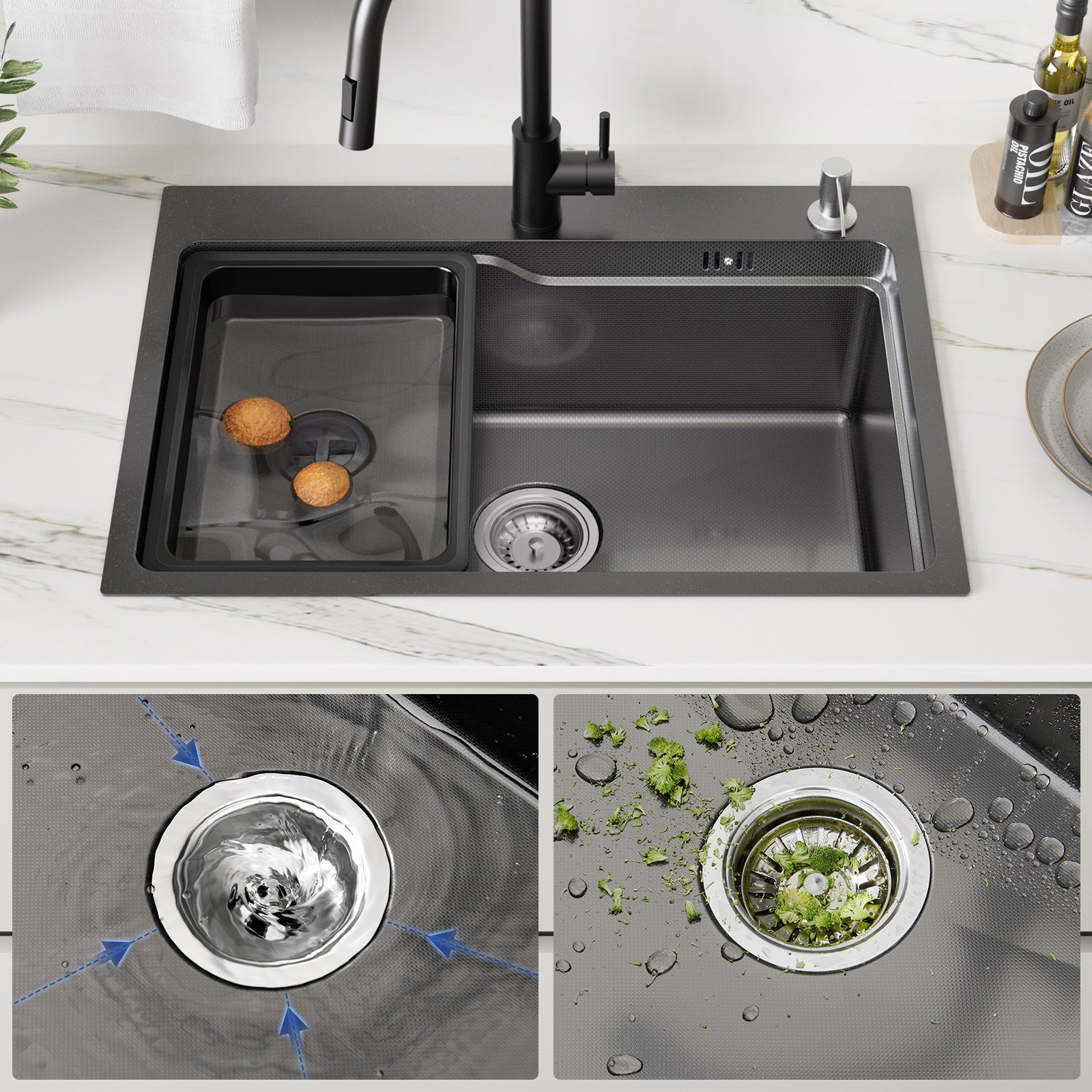 Auralum max Évier 1 Bac 68×48x21CM Évier Inox Noir avec Vasque + Distributeur de Savon - Évier à Encastrer/A poser - 7