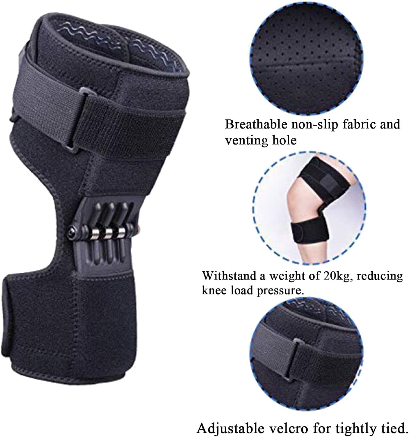 Lot de 2 genouillères avec 3 ressorts robustes, pour homme et femme souffrant de faiblesse des jambes, d'arthrite, de déchirures méniscales - Noir - 3