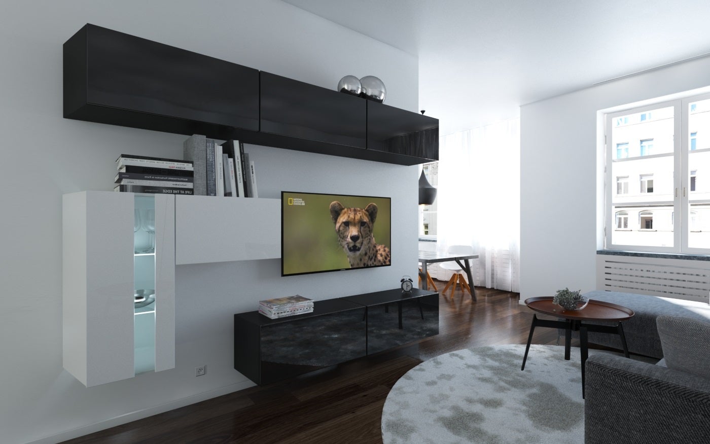 Mueble de salón moderno N81 – negro/blanco brillo – Estándar – 249 x ...