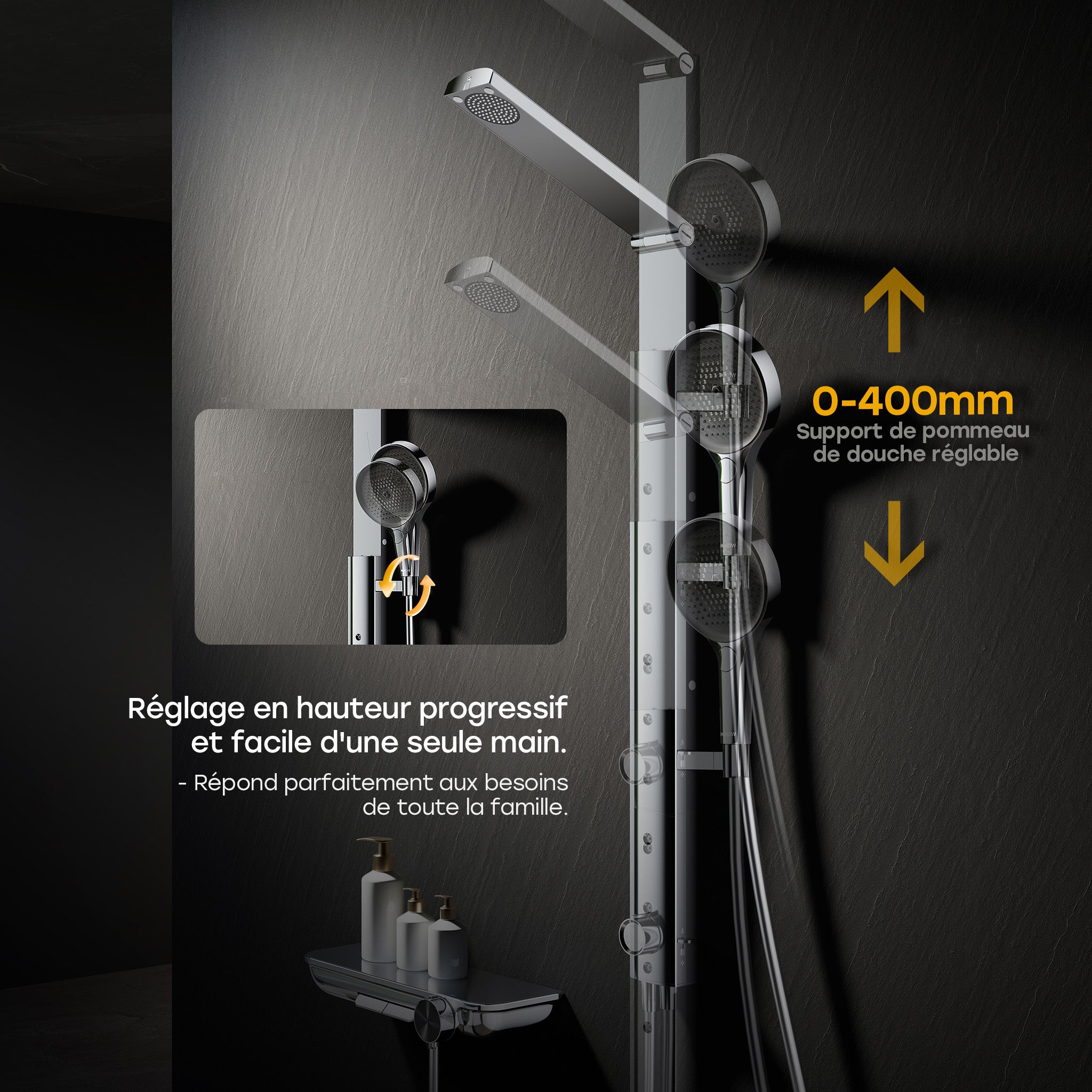 HOROW Système de douche avec thermostat, ensemble panneau de douche avec pommeau de douche pliable 4 fonctions de massage, réglable en hauteur - 7
