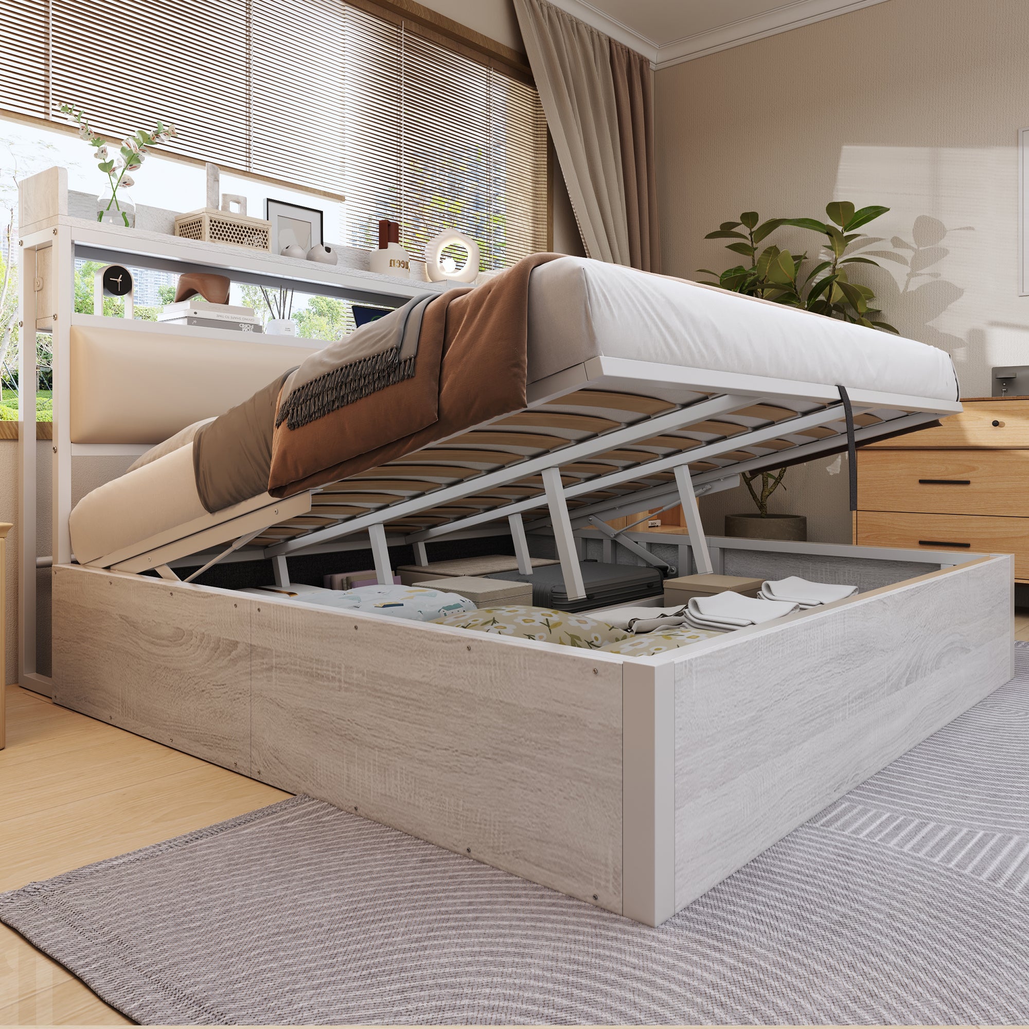 Letto Matrimoniale 180x200cm Con Testiera E 3 Cassetti - Velluto Bianco, Base Idraulica, Senza Materasso - Foto 2