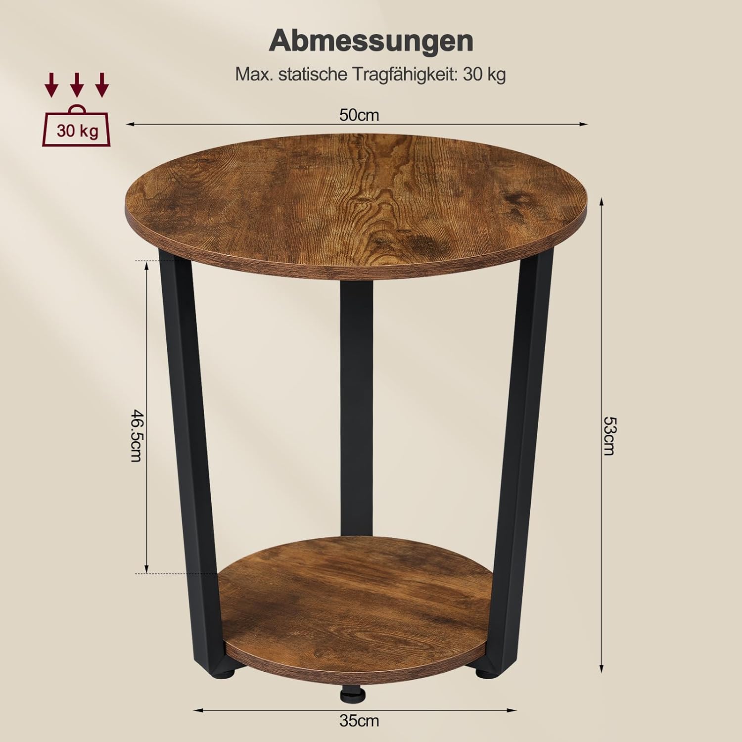 WOLTU Table Basse Ronde,Table d'Appoint à 2 Étagères,Bout de Canapé,Table de Chevet,en Bois Composé et en Métal,Marron Rustique - 4