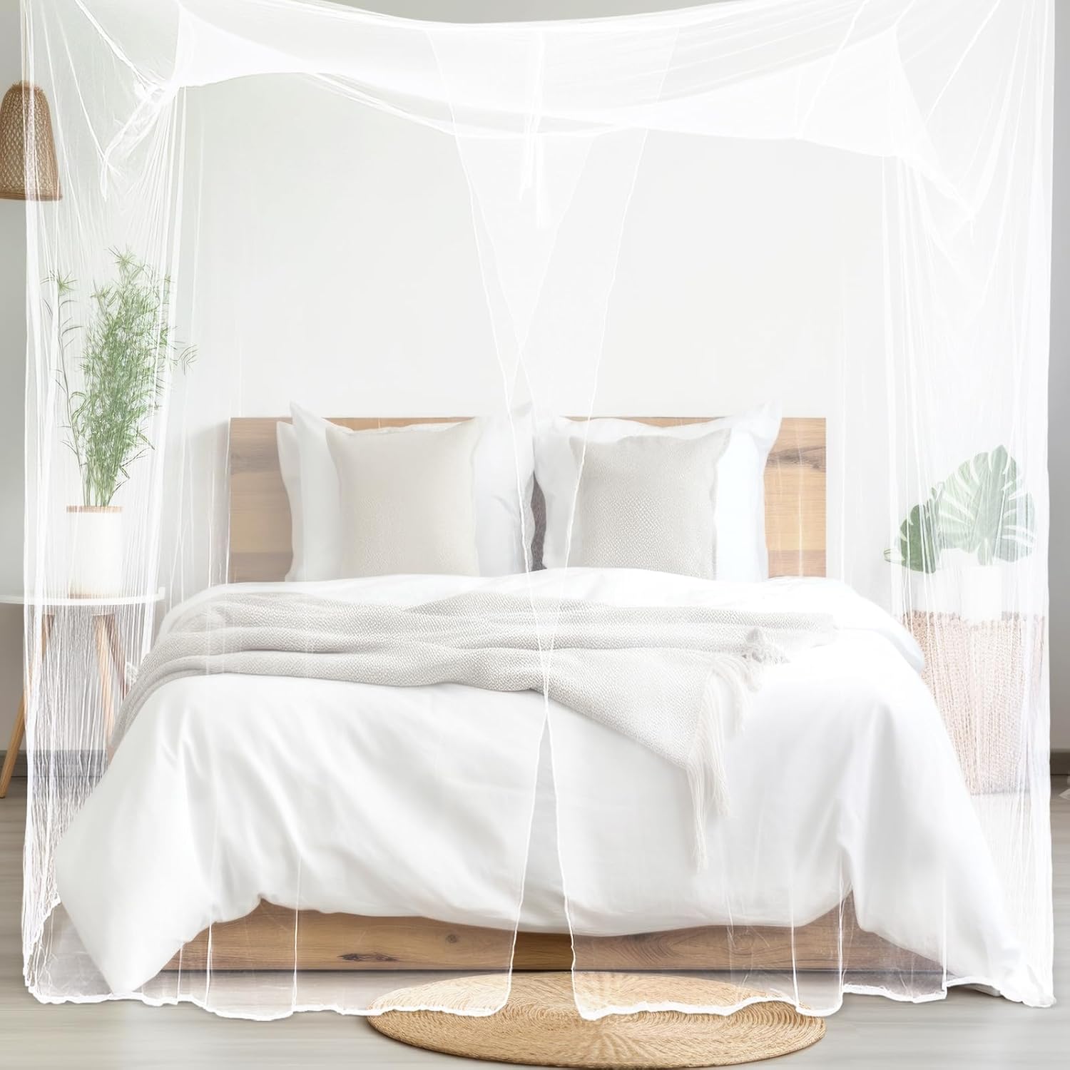 Moustiquaire pour lit simple — Style baldaquin à 4 coins, ouverte sur deux côtés, 16 boucles de suspension (Blanc, 190 x 150 x 170 cm) - 4
